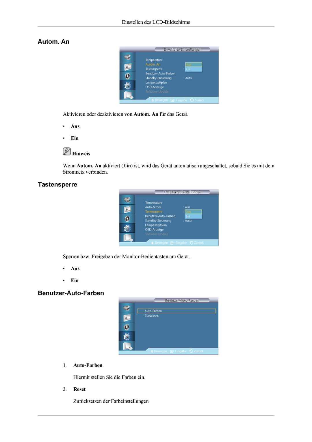 Samsung LH55CPPLBB/ZA, LH46CPPLBB/EN, LH55CPPLBB/EN manual Autom. An, Tastensperre, Benutzer-Auto-Farben, Reset 