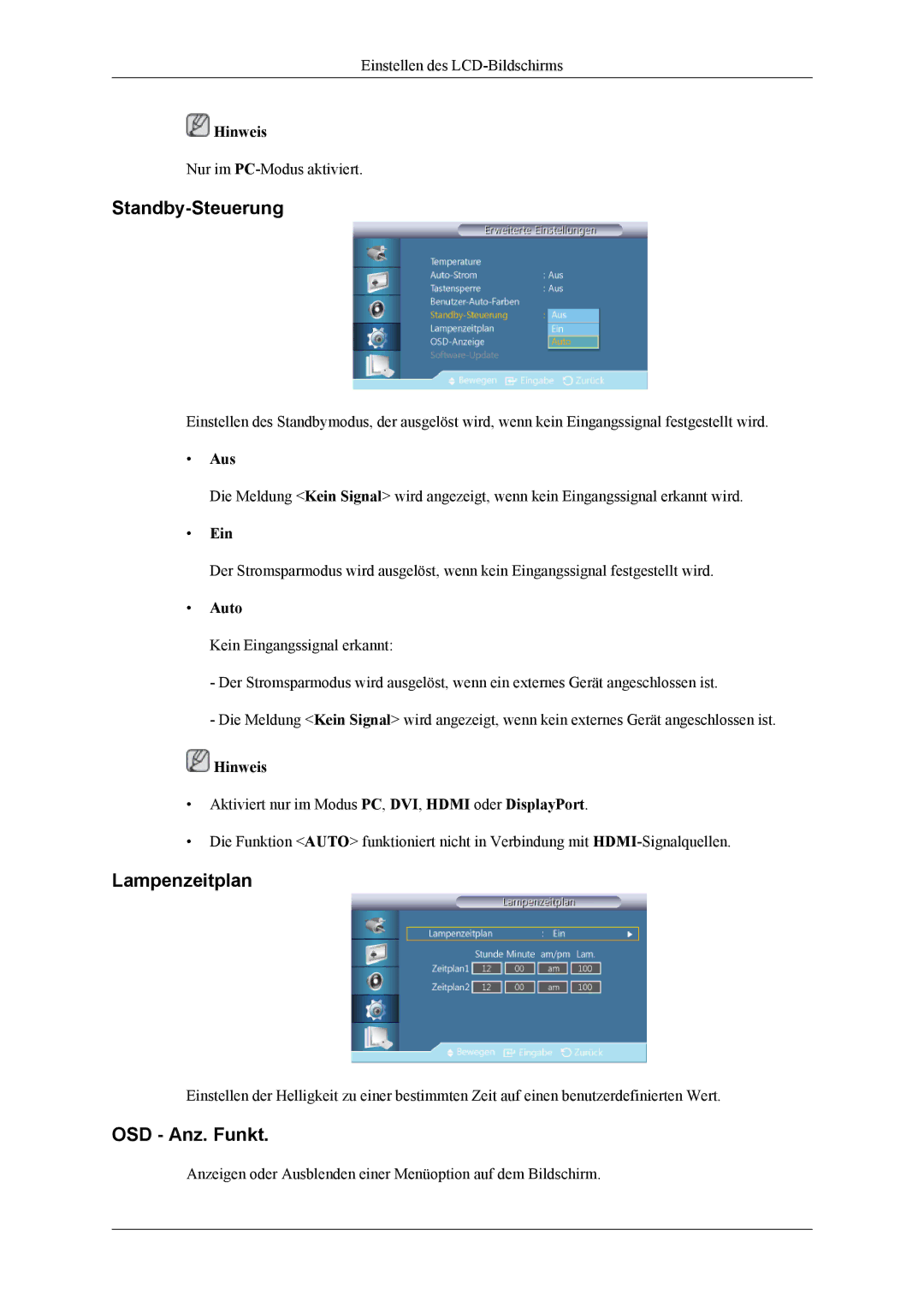 Samsung LH46CPPLBB/EN, LH55CPPLBB/ZA, LH55CPPLBB/EN manual Standby-Steuerung, Lampenzeitplan, OSD Anz. Funkt, Auto 