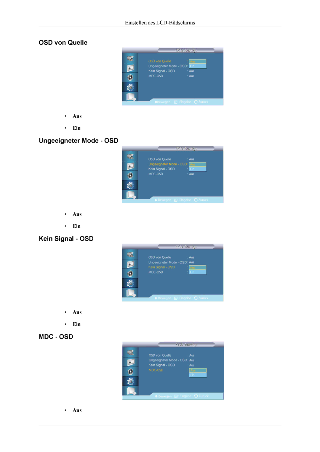 Samsung LH55CPPLBB/EN, LH55CPPLBB/ZA, LH46CPPLBB/EN manual OSD von Quelle, Ungeeigneter Mode OSD, Kein Signal OSD 