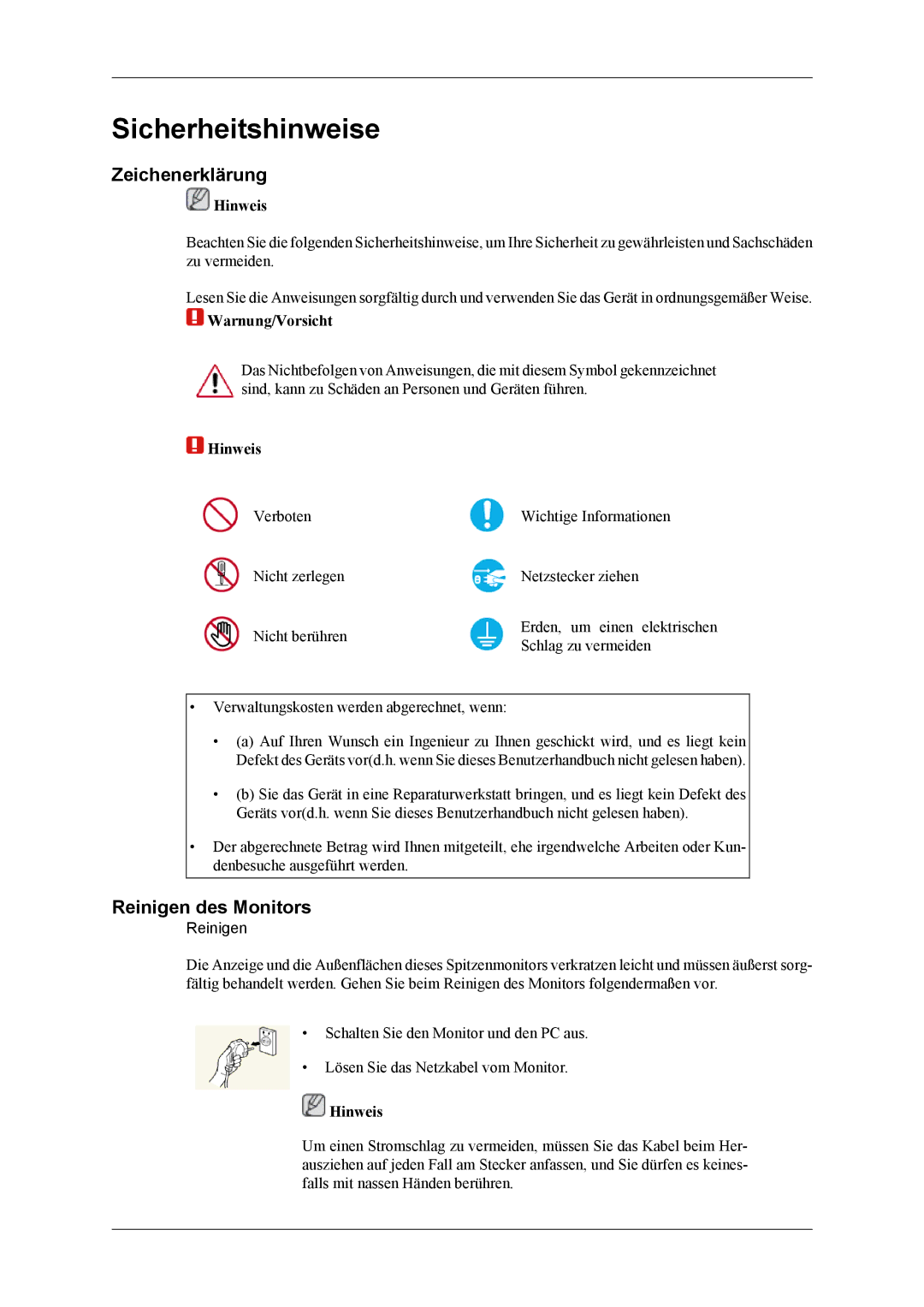 Samsung LH55CPPLBB/EN, LH55CPPLBB/ZA, LH46CPPLBB/EN manual Zeichenerklärung, Reinigen des Monitors, Hinweis, Warnung/Vorsicht 
