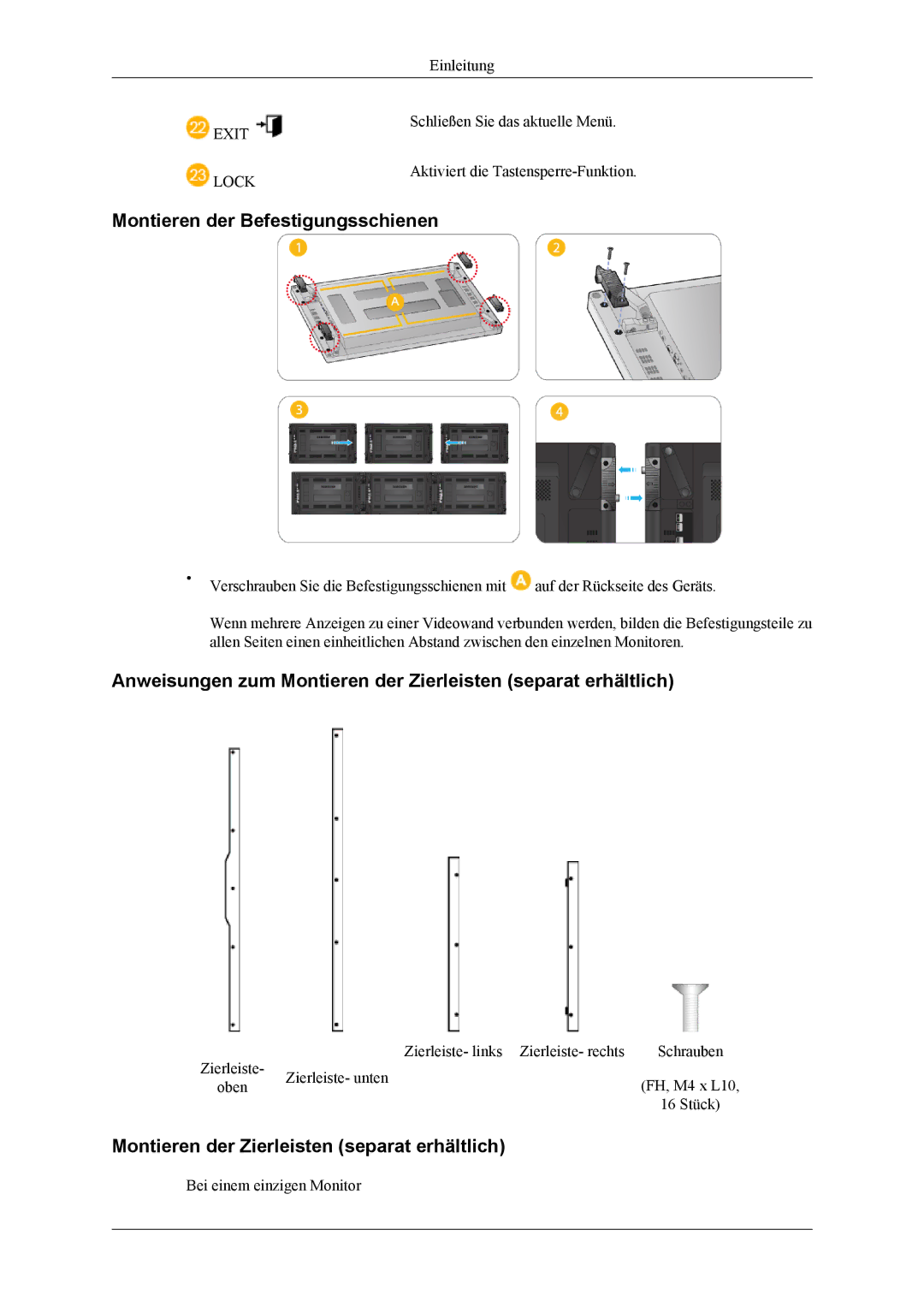 Samsung LH55CPPLBB/EN, LH55CPPLBB/ZA manual Montieren der Befestigungsschienen, Montieren der Zierleisten separat erhältlich 