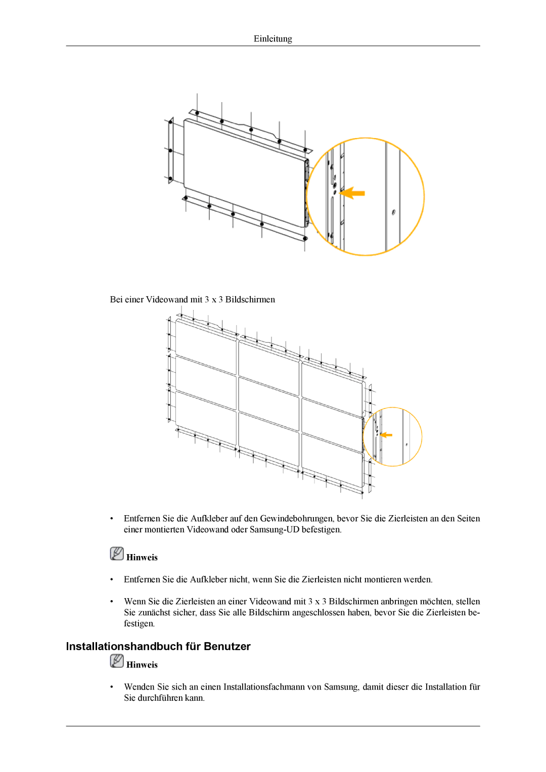 Samsung LH55CPPLBB/ZA, LH46CPPLBB/EN, LH55CPPLBB/EN manual Installationshandbuch für Benutzer, Hinweis 