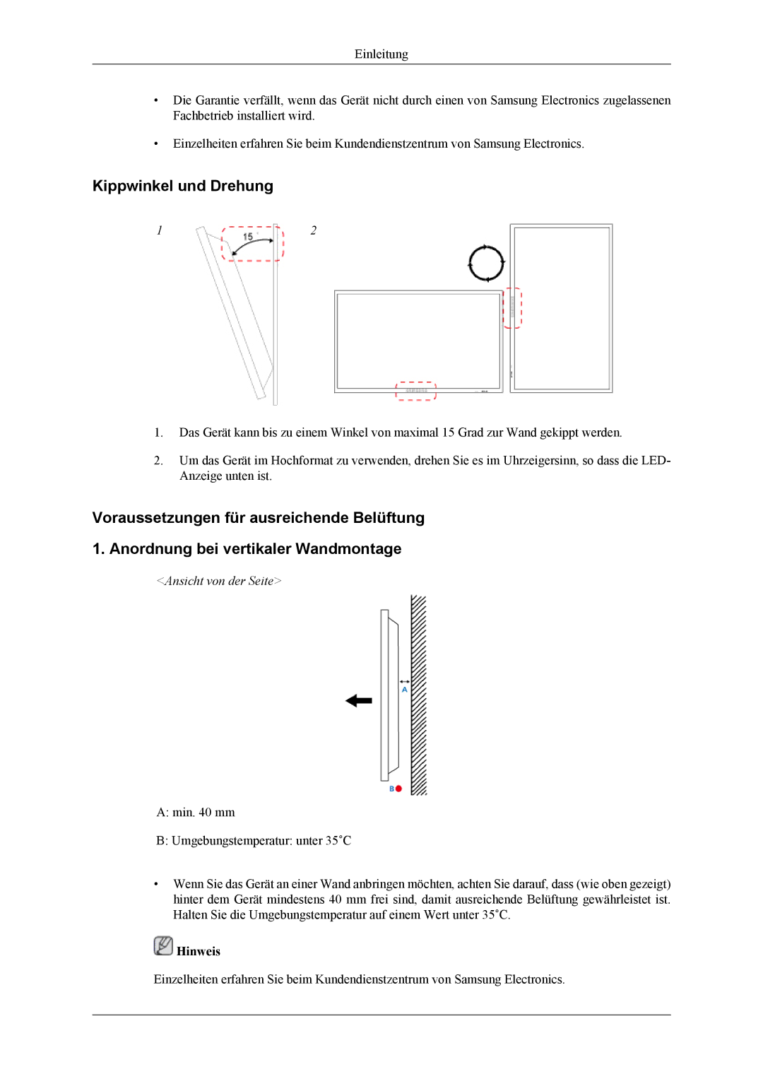 Samsung LH46CPPLBB/EN, LH55CPPLBB/ZA, LH55CPPLBB/EN manual Kippwinkel und Drehung, Ansicht von der Seite 