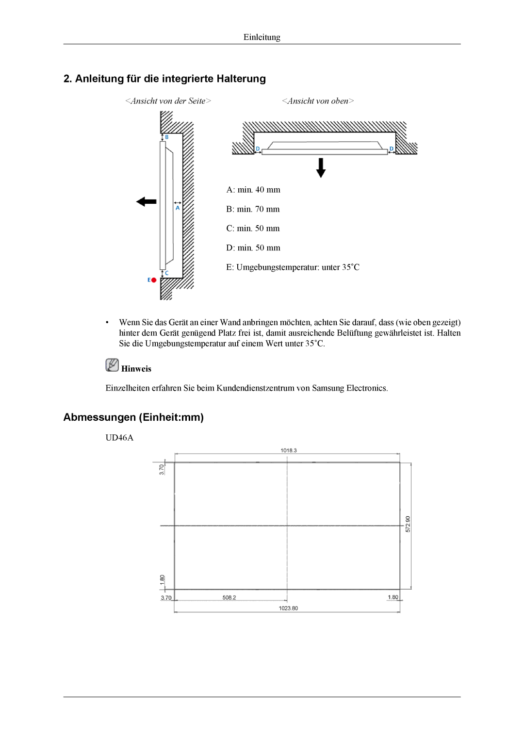 Samsung LH55CPPLBB/EN, LH55CPPLBB/ZA, LH46CPPLBB/EN manual Anleitung für die integrierte Halterung, Abmessungen Einheitmm 