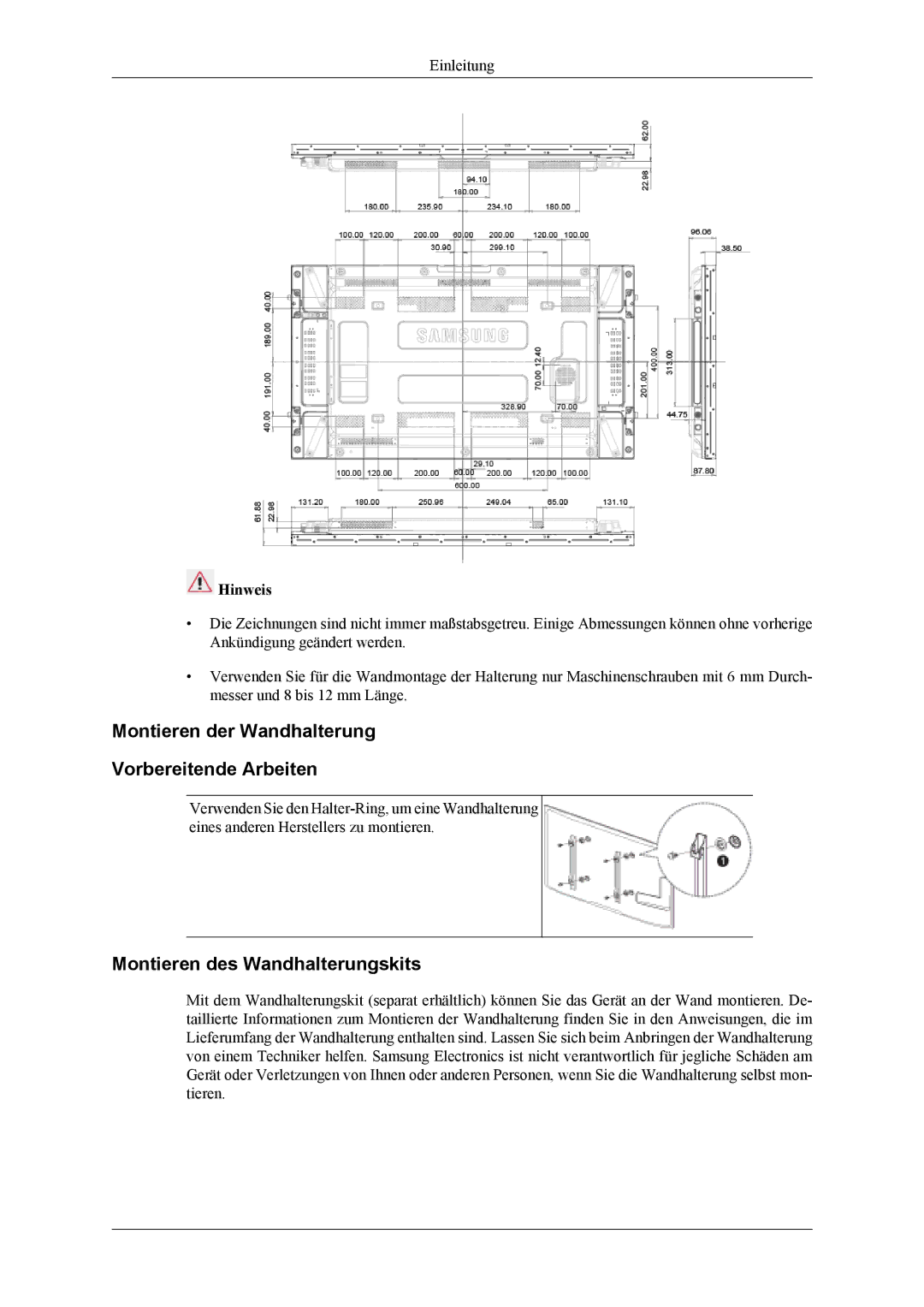 Samsung LH46CPPLBB/EN, LH55CPPLBB/ZA Montieren der Wandhalterung Vorbereitende Arbeiten, Montieren des Wandhalterungskits 