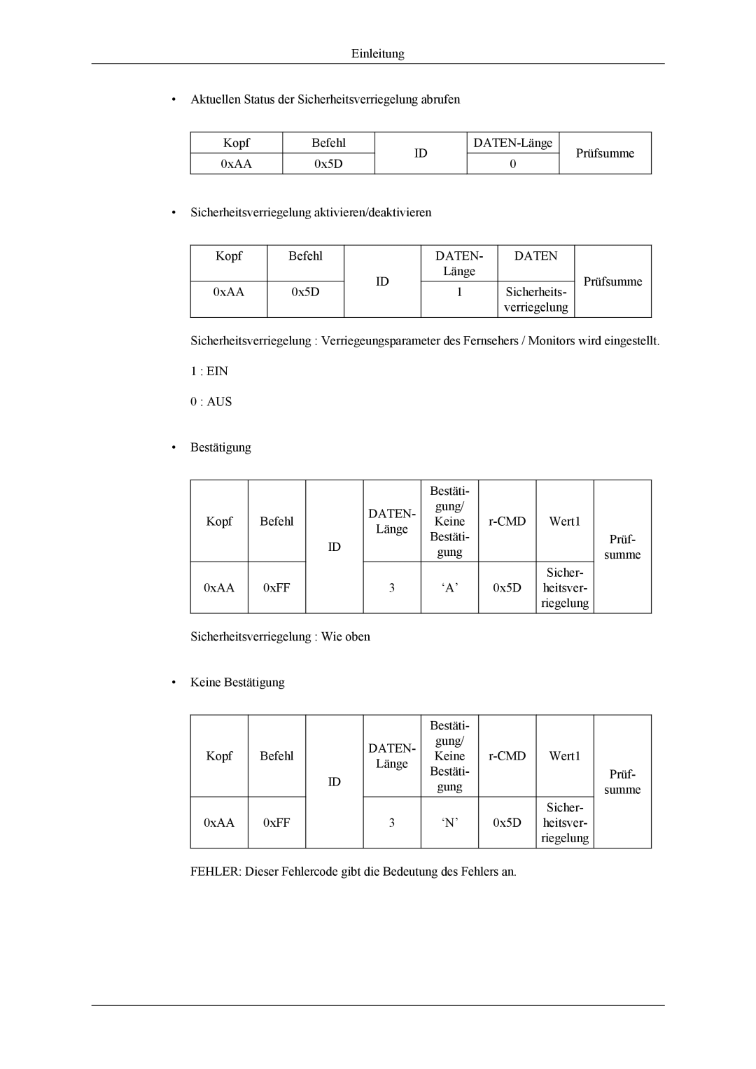 Samsung LH46CPPLBB/EN, LH55CPPLBB/ZA, LH55CPPLBB/EN manual Sicher 0xAA 0xFF ‘A’ 0x5D 