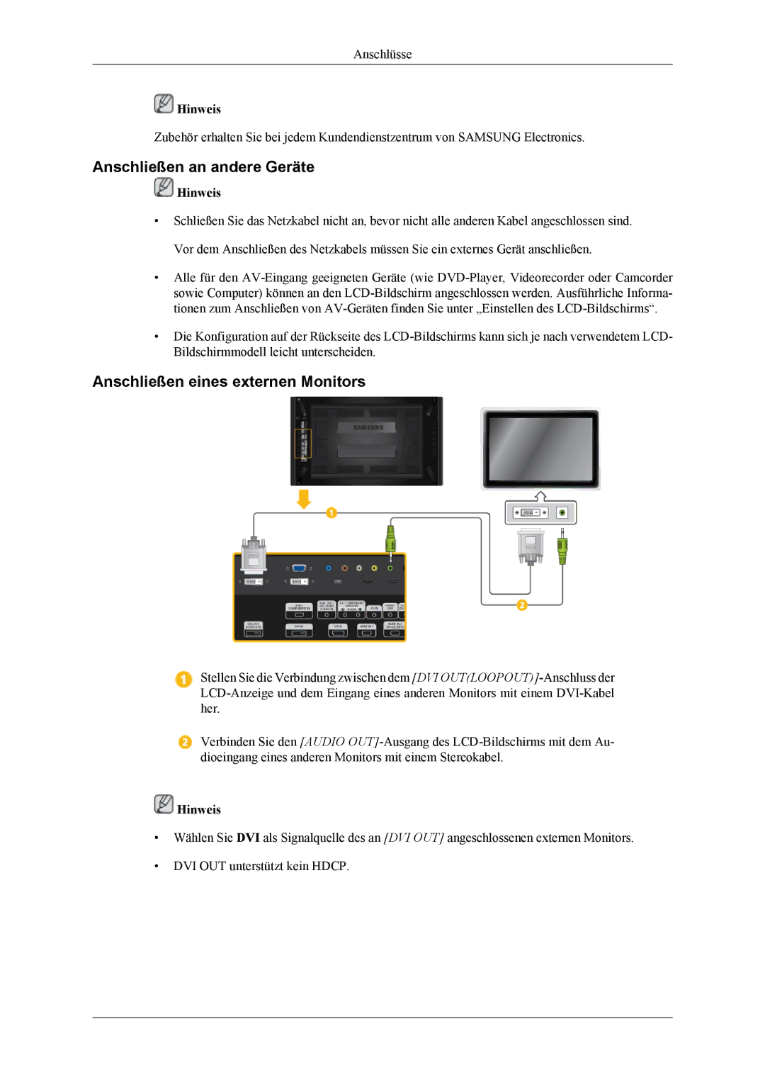 Samsung LH46CPPLBB/EN, LH55CPPLBB/ZA, LH55CPPLBB/EN manual Anschließen an andere Geräte, Anschließen eines externen Monitors 