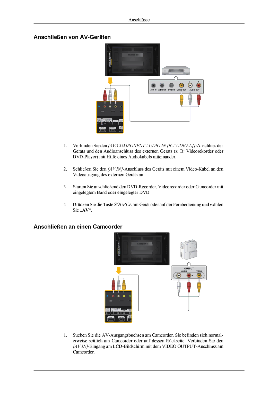 Samsung LH55CPPLBB/EN, LH55CPPLBB/ZA, LH46CPPLBB/EN manual Anschließen von AV-Geräten, Anschließen an einen Camcorder 