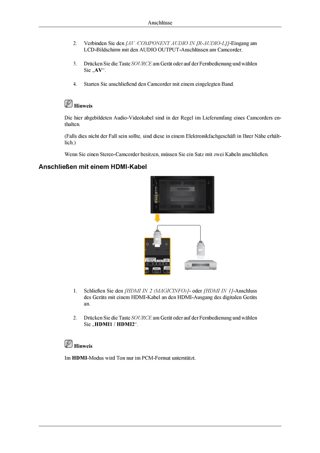 Samsung LH55CPPLBB/ZA, LH46CPPLBB/EN, LH55CPPLBB/EN manual Anschließen mit einem HDMI-Kabel 