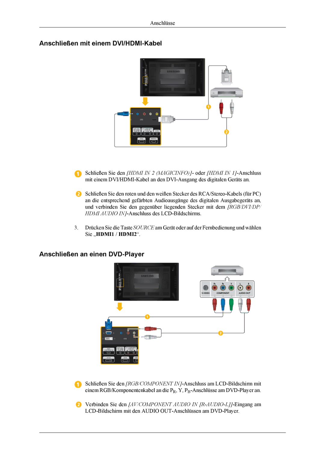 Samsung LH46CPPLBB/EN, LH55CPPLBB/ZA, LH55CPPLBB/EN Anschließen mit einem DVI/HDMI-Kabel, Anschließen an einen DVD-Player 