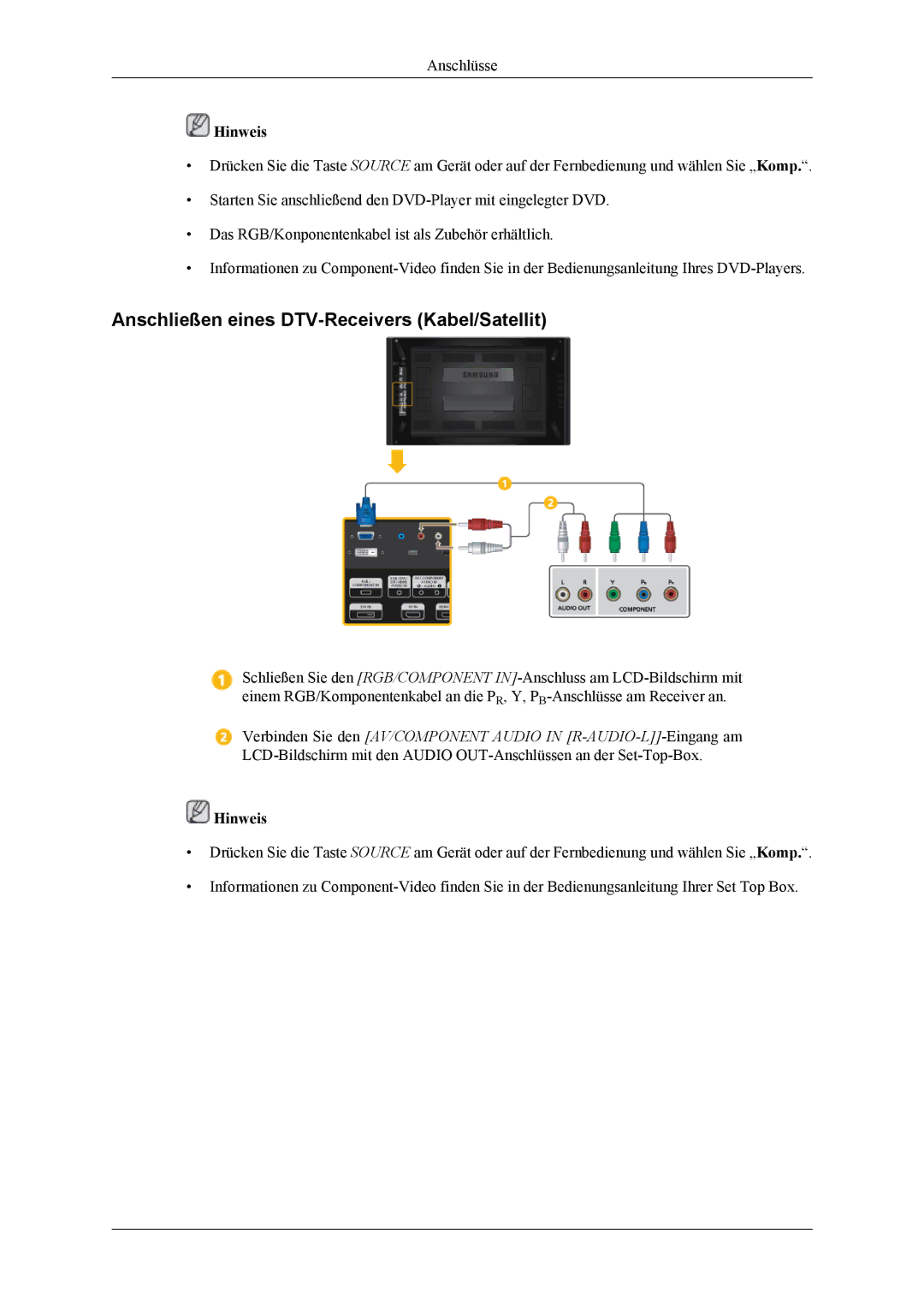 Samsung LH55CPPLBB/EN, LH55CPPLBB/ZA, LH46CPPLBB/EN manual Anschließen eines DTV-Receivers Kabel/Satellit 