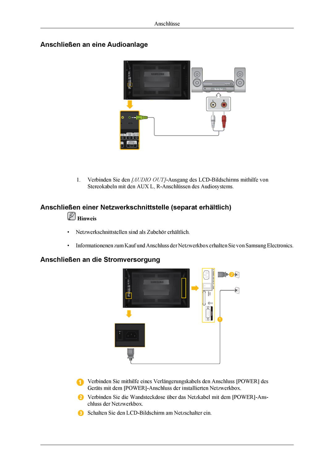 Samsung LH55CPPLBB/ZA manual Anschließen an eine Audioanlage, Anschließen einer Netzwerkschnittstelle separat erhältlich 