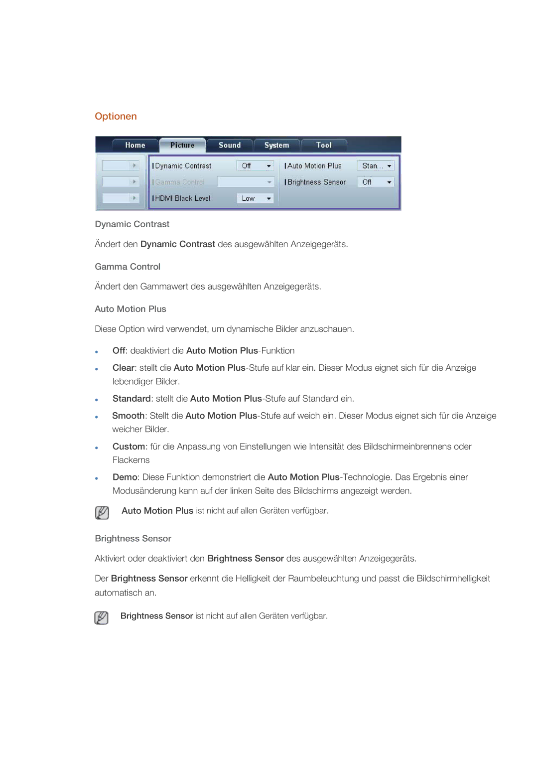 Samsung LH55CPPLBB/EN, LH55CPPLBB/ZA, LH46CPPLBB/EN manual Optionen, Dynamic Contrast, Brightness Sensor 