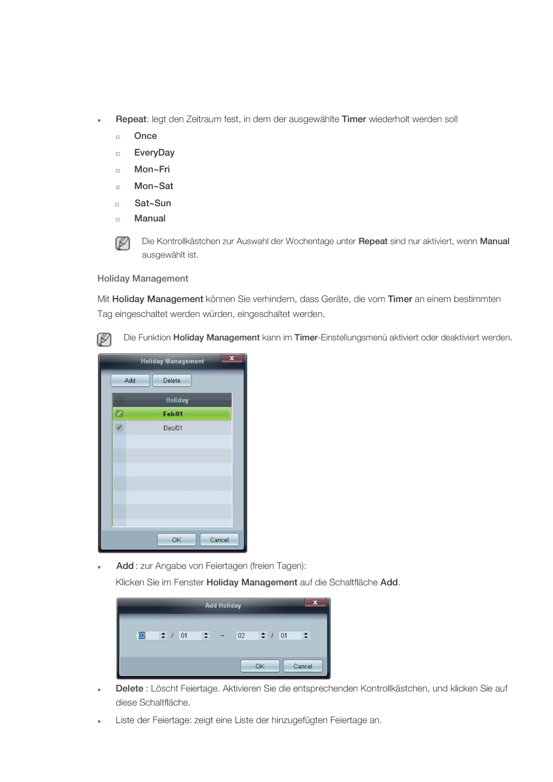 Samsung LH46CPPLBB/EN, LH55CPPLBB/ZA, LH55CPPLBB/EN manual Holiday Management 