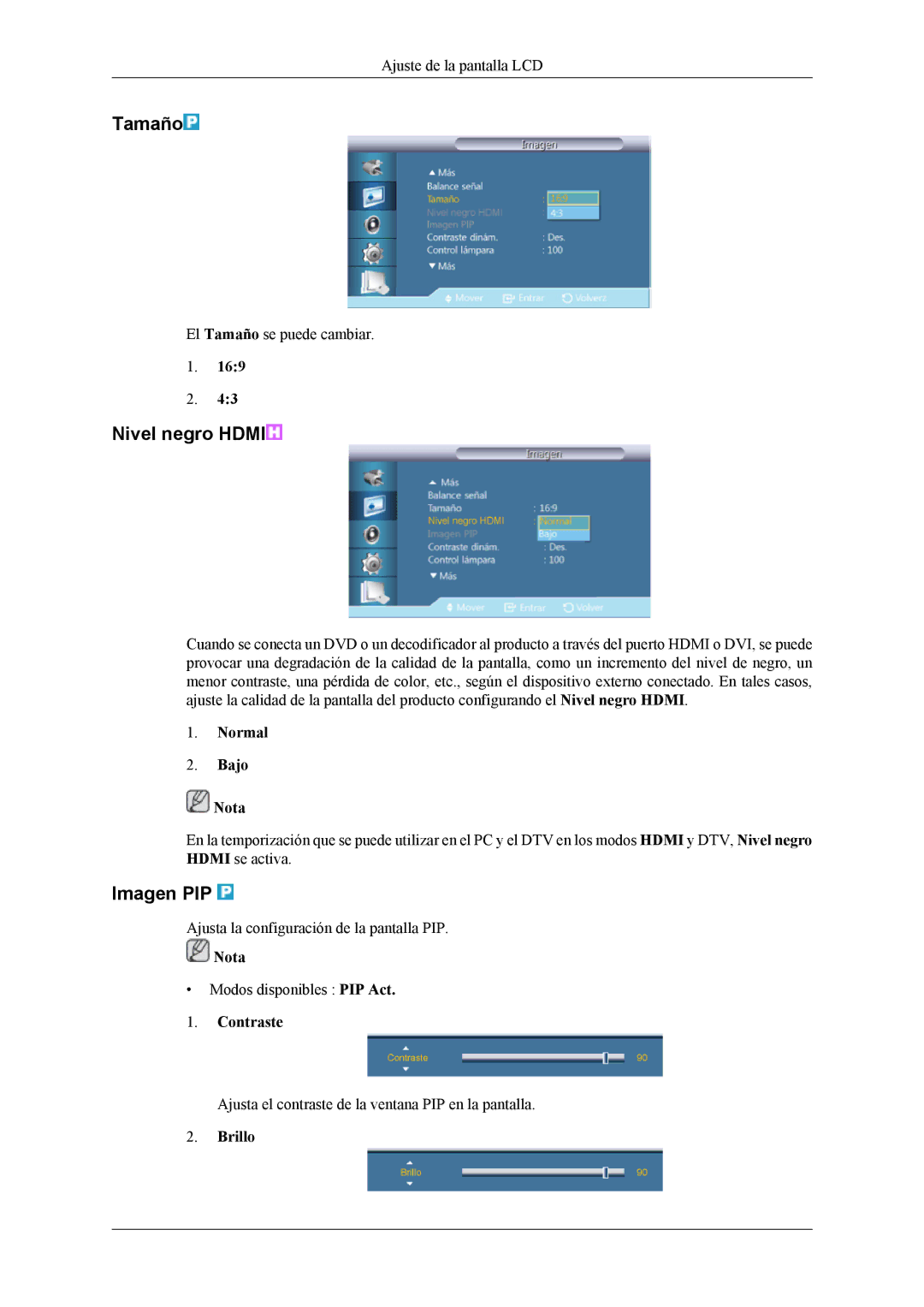 Samsung LH55CPPLBB/ZA, LH46CPPLBB/EN, LH55CPPLBB/EN manual Nivel negro Hdmi, Imagen PIP, Normal Bajo Nota 