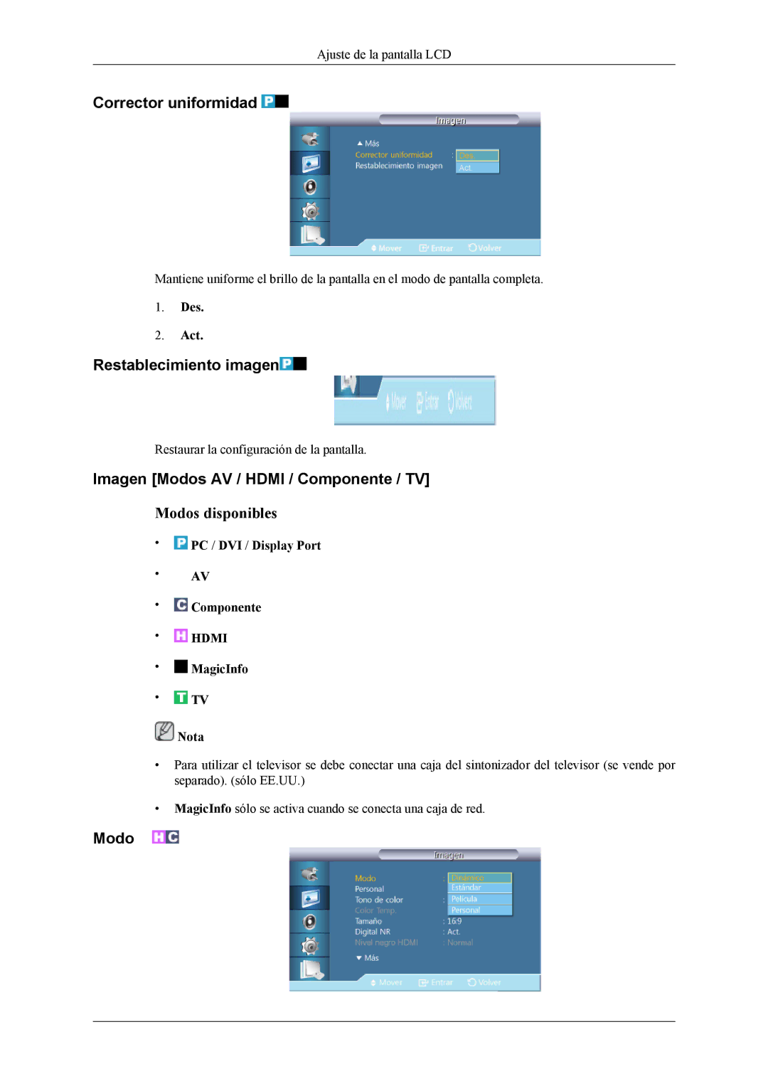 Samsung LH55CPPLBB/EN manual Corrector uniformidad, Restablecimiento imagen, Imagen Modos AV / Hdmi / Componente / TV 