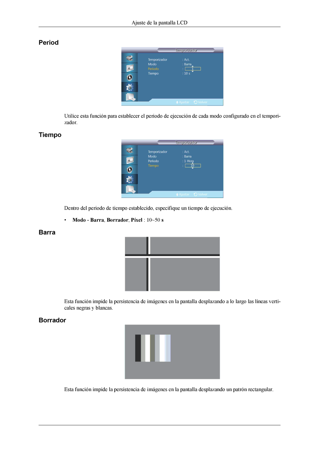 Samsung LH46CPPLBB/EN, LH55CPPLBB/ZA, LH55CPPLBB/EN manual Period, Modo Barra, Borrador, Píxel 10~50 s 