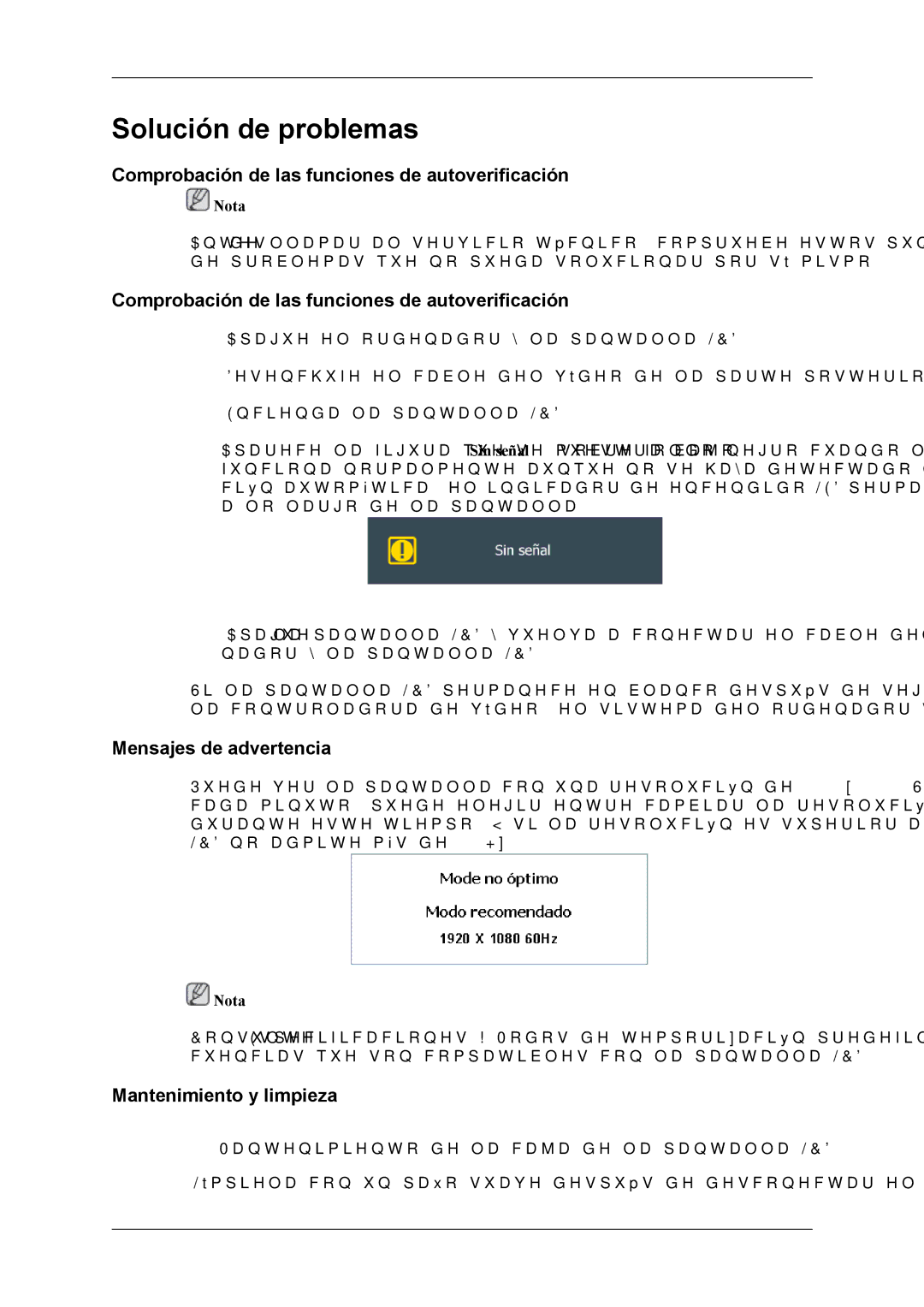 Samsung LH55CPPLBB/ZA Comprobación de las funciones de autoverificación, Mensajes de advertencia, Mantenimiento y limpieza 