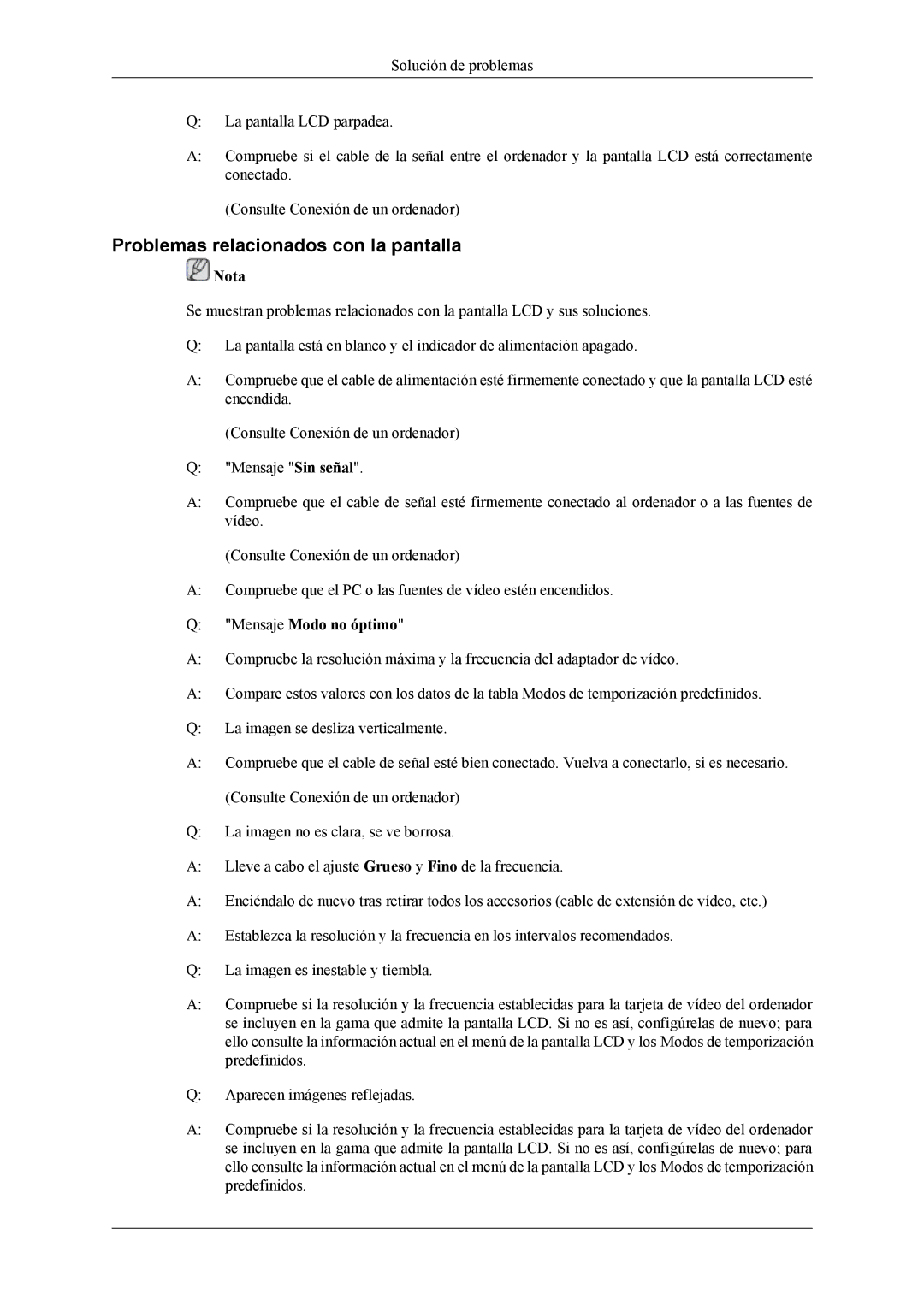 Samsung LH55CPPLBB/EN, LH55CPPLBB/ZA, LH46CPPLBB/EN manual Problemas relacionados con la pantalla, Mensaje Modo no óptimo 