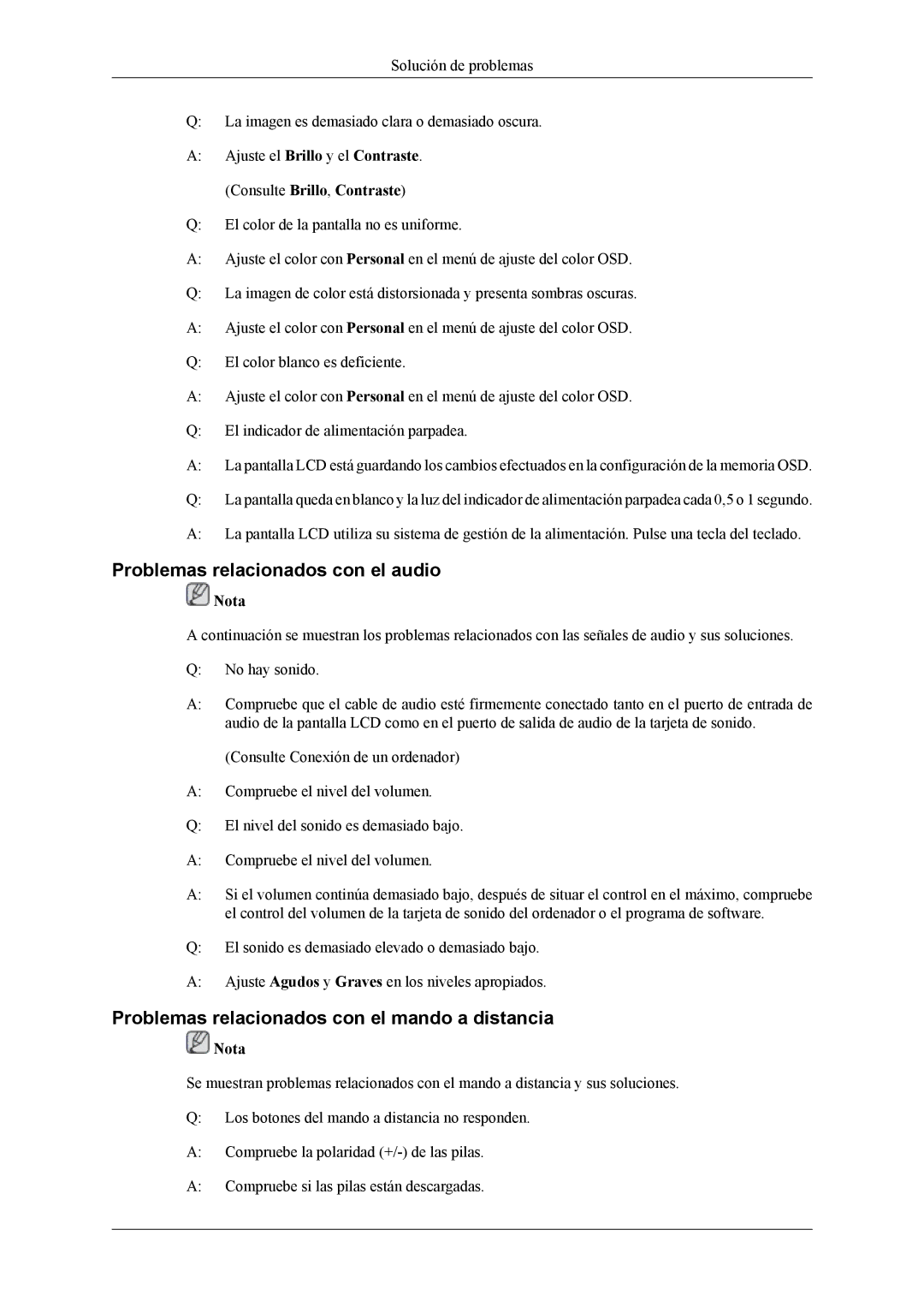 Samsung LH55CPPLBB/ZA, LH46CPPLBB/EN Problemas relacionados con el audio, Problemas relacionados con el mando a distancia 