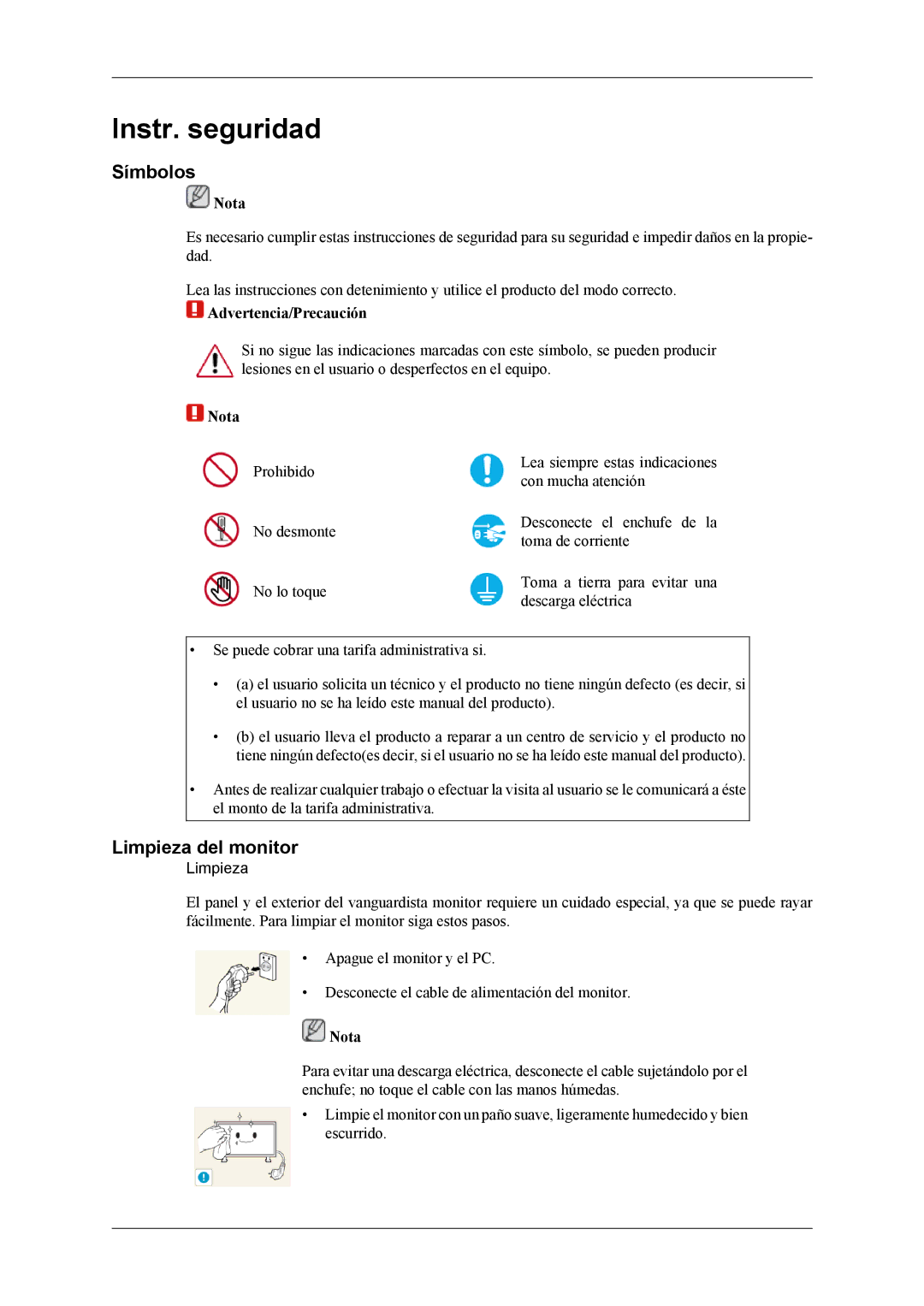 Samsung LH55CPPLBB/EN, LH55CPPLBB/ZA, LH46CPPLBB/EN manual Símbolos, Limpieza del monitor, Nota, Advertencia/Precaución 