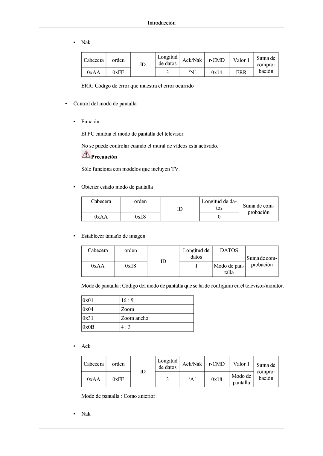 Samsung LH55CPPLBB/EN, LH55CPPLBB/ZA, LH46CPPLBB/EN manual Introducción Nak Cabecera 0xAA Orden 0xFF 