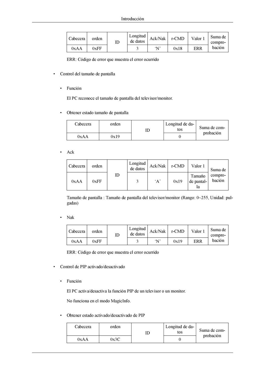 Samsung LH55CPPLBB/ZA, LH46CPPLBB/EN, LH55CPPLBB/EN manual Introducción Cabecera 0xAA Orden 0xFF 