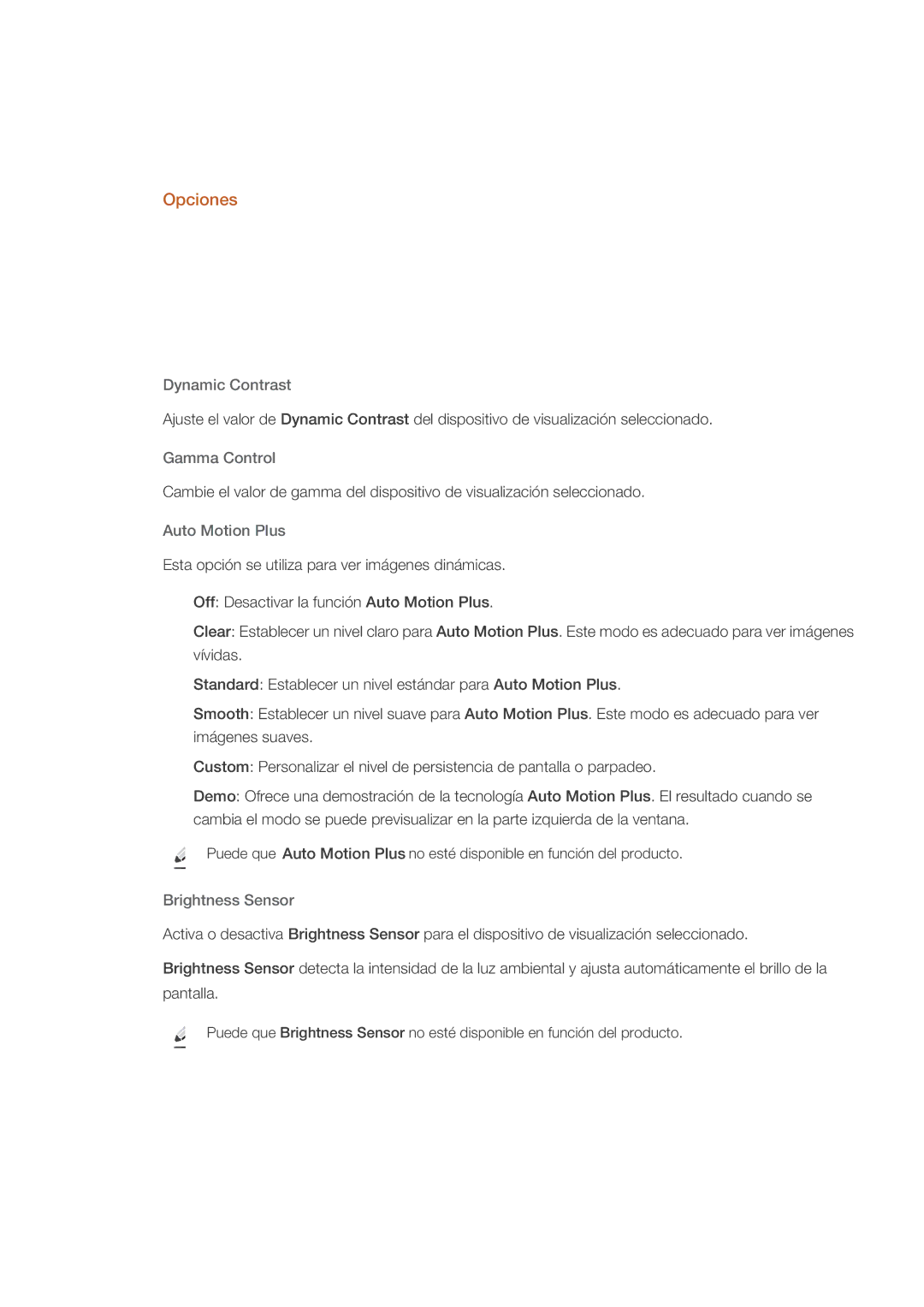 Samsung LH46CPPLBB/EN, LH55CPPLBB/ZA manual Opciones, Dynamic Contrast, Gamma Control, Auto Motion Plus, Brightness Sensor 