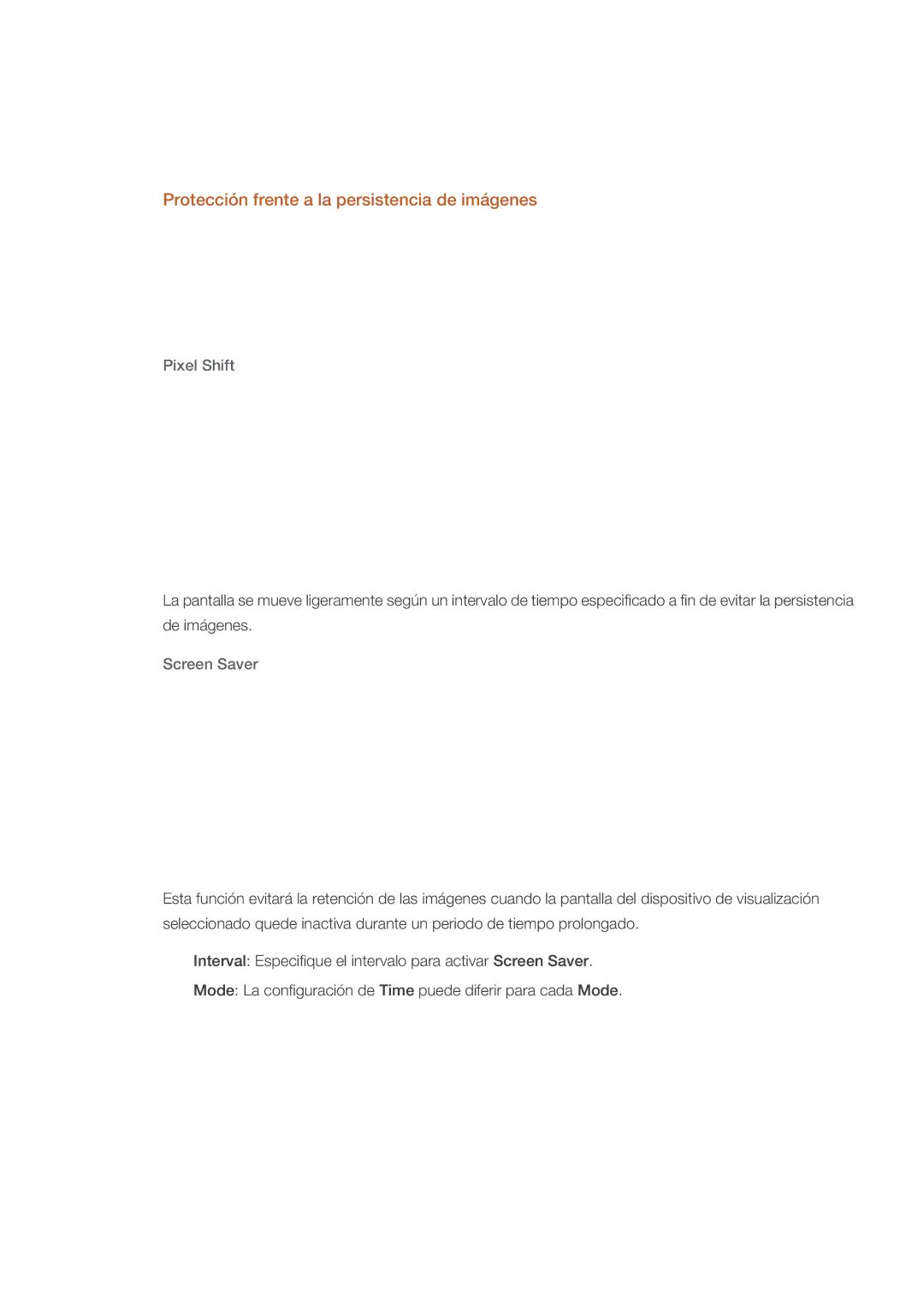 Samsung LH46CPPLBB/EN, LH55CPPLBB/ZA manual Protección frente a la persistencia de imágenes, Pixel Shift, Screen Saver 