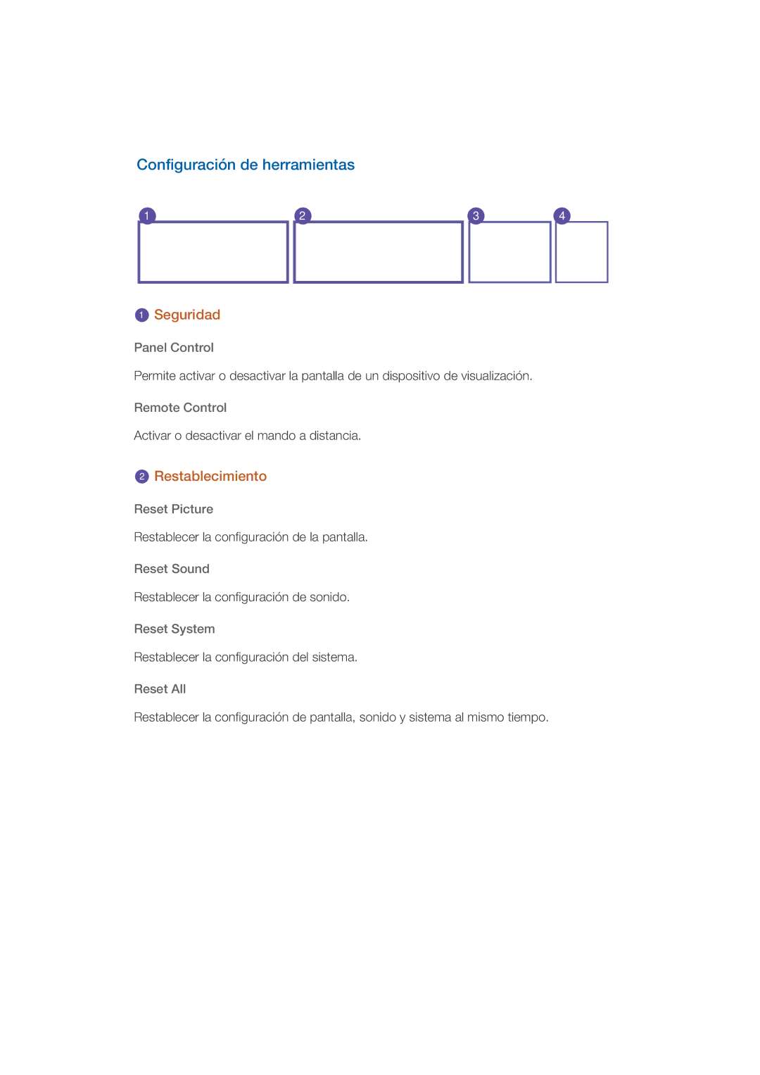 Samsung LH55CPPLBB/ZA, LH46CPPLBB/EN, LH55CPPLBB/EN manual Configuración de herramientas, Restablecimiento 