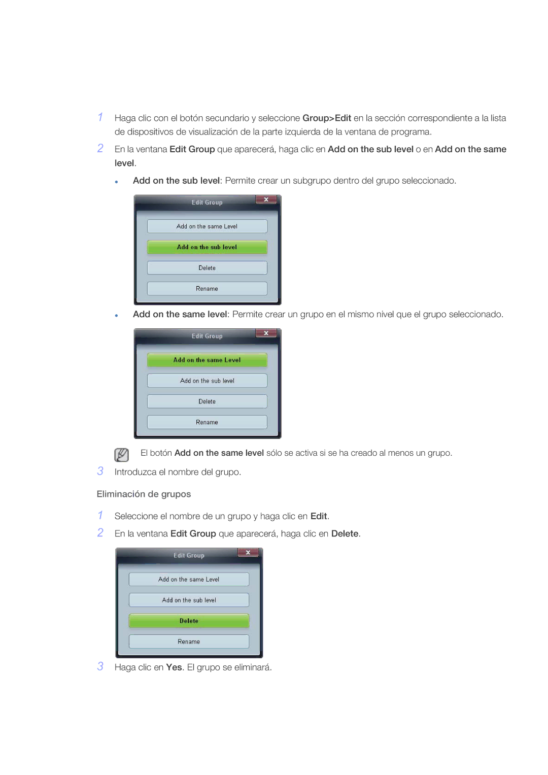 Samsung LH55CPPLBB/ZA, LH46CPPLBB/EN, LH55CPPLBB/EN manual Eliminación de grupos 