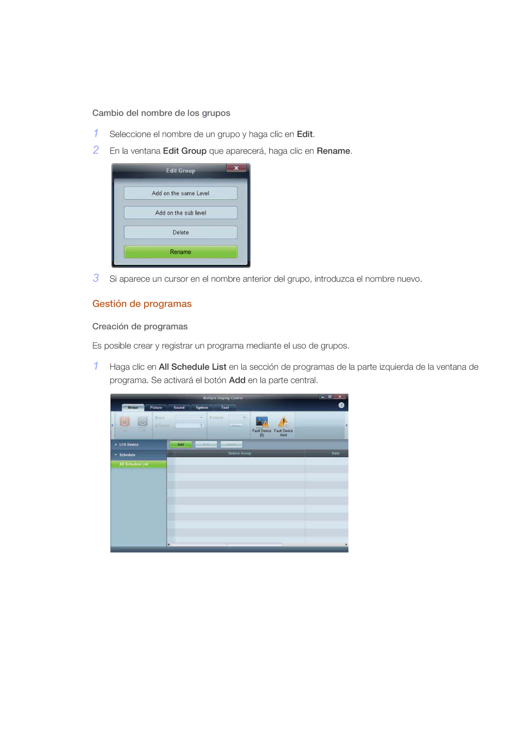 Samsung LH46CPPLBB/EN, LH55CPPLBB/ZA manual Gestión de programas, Cambio del nombre de los grupos, Creación de programas 