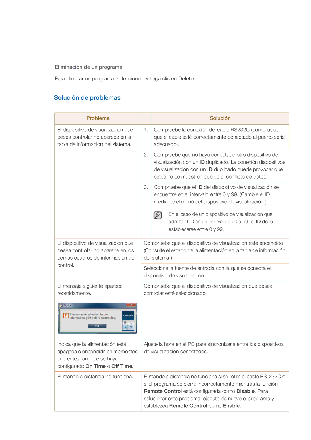 Samsung LH55CPPLBB/ZA, LH46CPPLBB/EN, LH55CPPLBB/EN manual Solución de problemas, Eliminación de un programa 