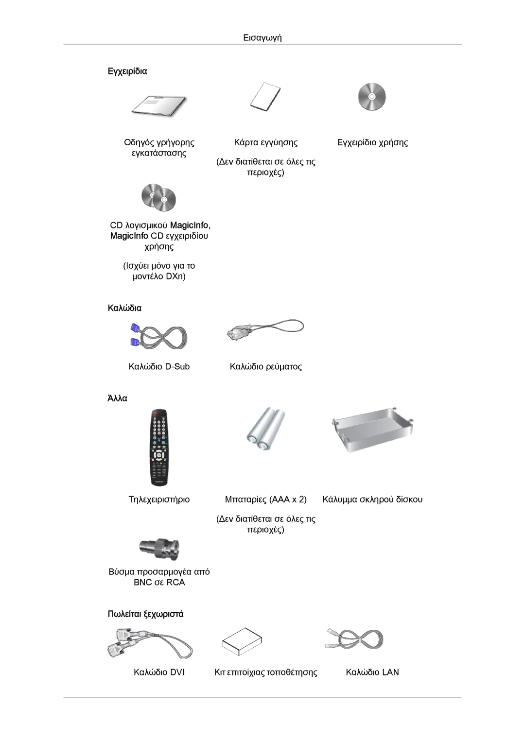 Samsung LH52BPPLBC/EN, LH55CSPLBC/EN, LH52BPQLBC/EN, LH52BPTLBC/EN manual Εγχειρίδια, Καλώδια, Άλλα, Πωλείται ξεχωριστά 