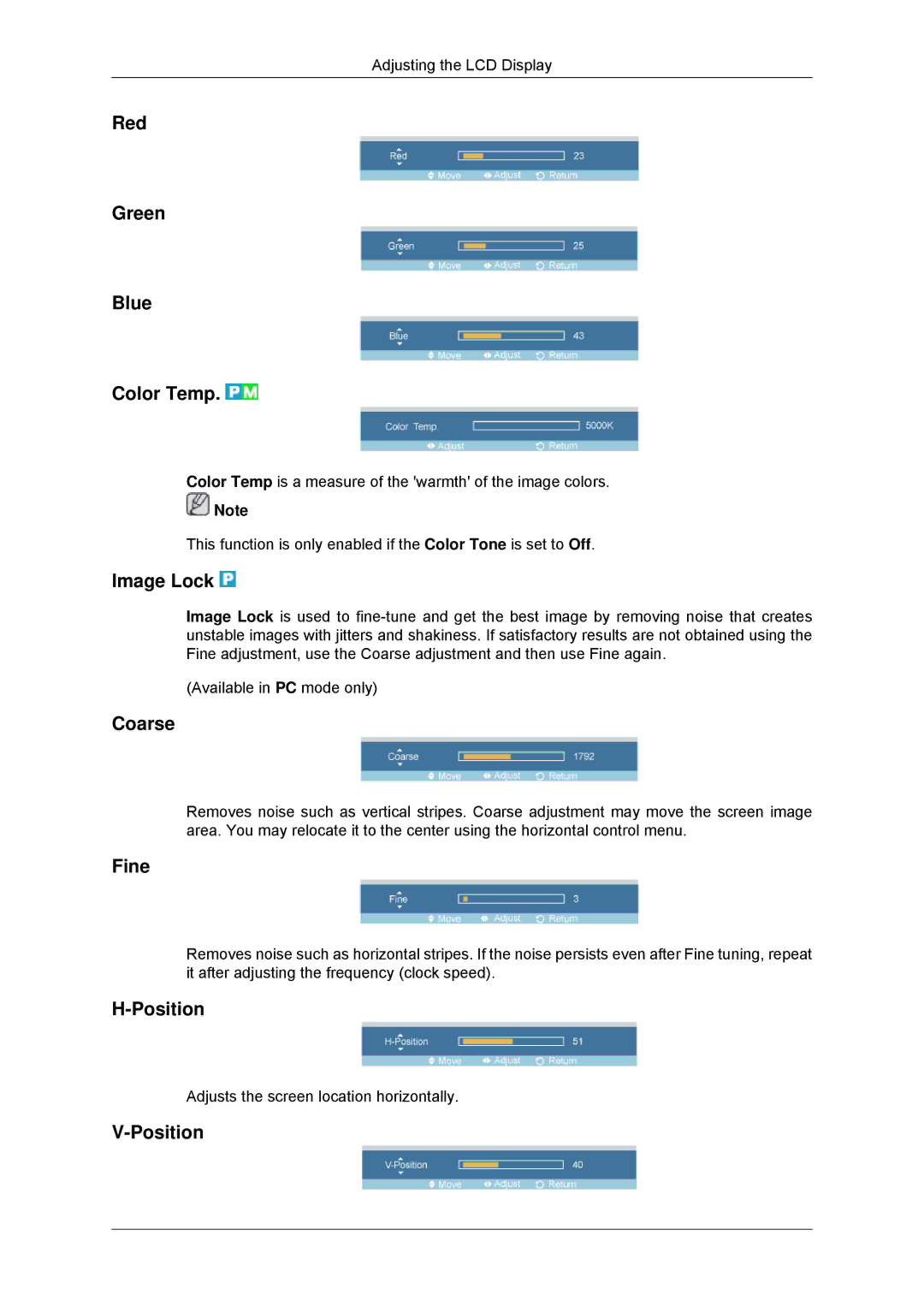 Samsung LH52BPULBC/EN, LH55CSPLBC/EN, LH52BPQLBC/EN manual Red Green Blue Color Temp, Image Lock, Coarse, Fine, Position 