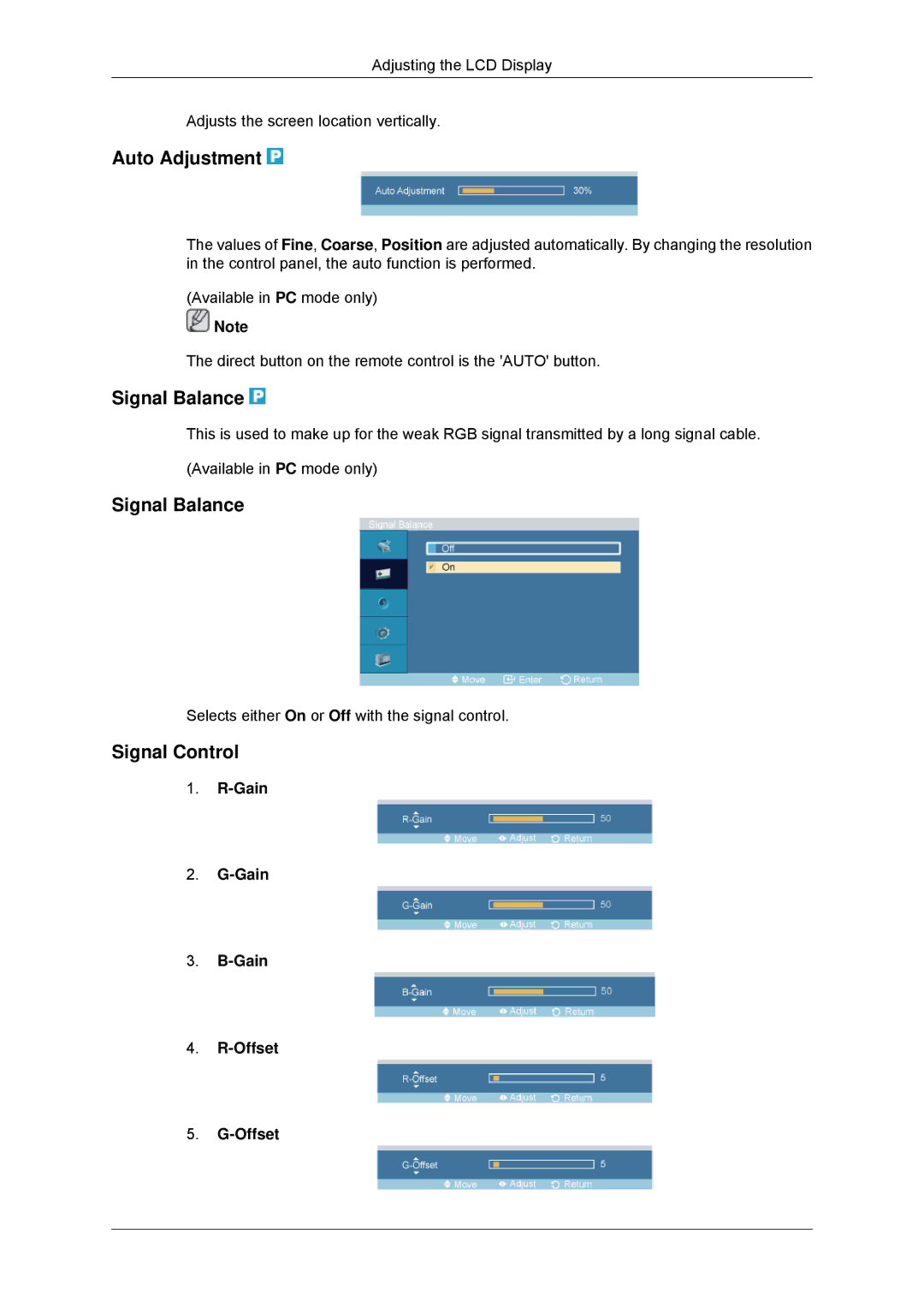 Samsung LH52BPQLBC/EN, LH55CSPLBC/EN, LH52BPULBC/EN manual Auto Adjustment, Signal Balance, Signal Control, Gain Offset 