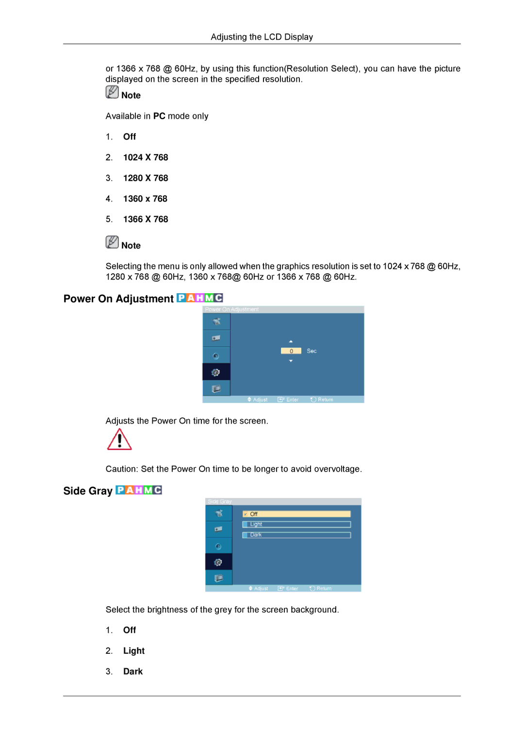 Samsung LH52BPTLBC/EN, LH55CSPLBC/EN manual Power On Adjustment, Side Gray, Off 1024 X 1280 X 1360 x 1366 X, Off Light Dark 