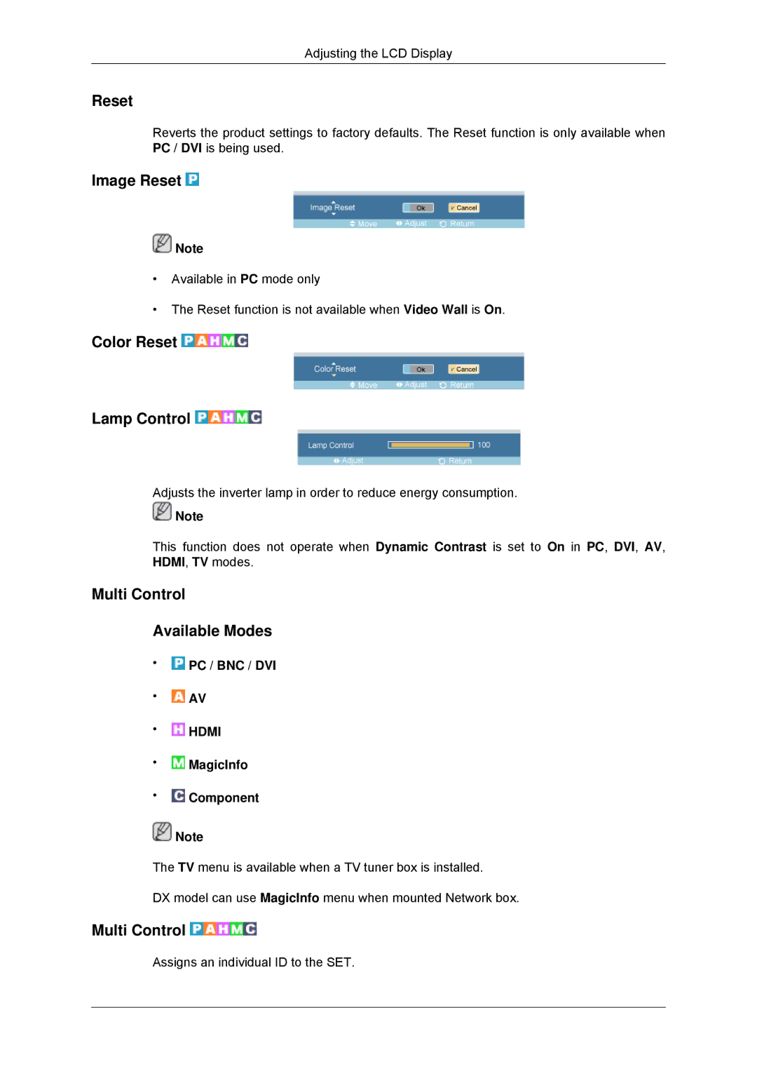 Samsung LH52BPPLBC/EN, LH55CSPLBC/EN manual Image Reset, Color Reset Lamp Control, Multi Control Available Modes 