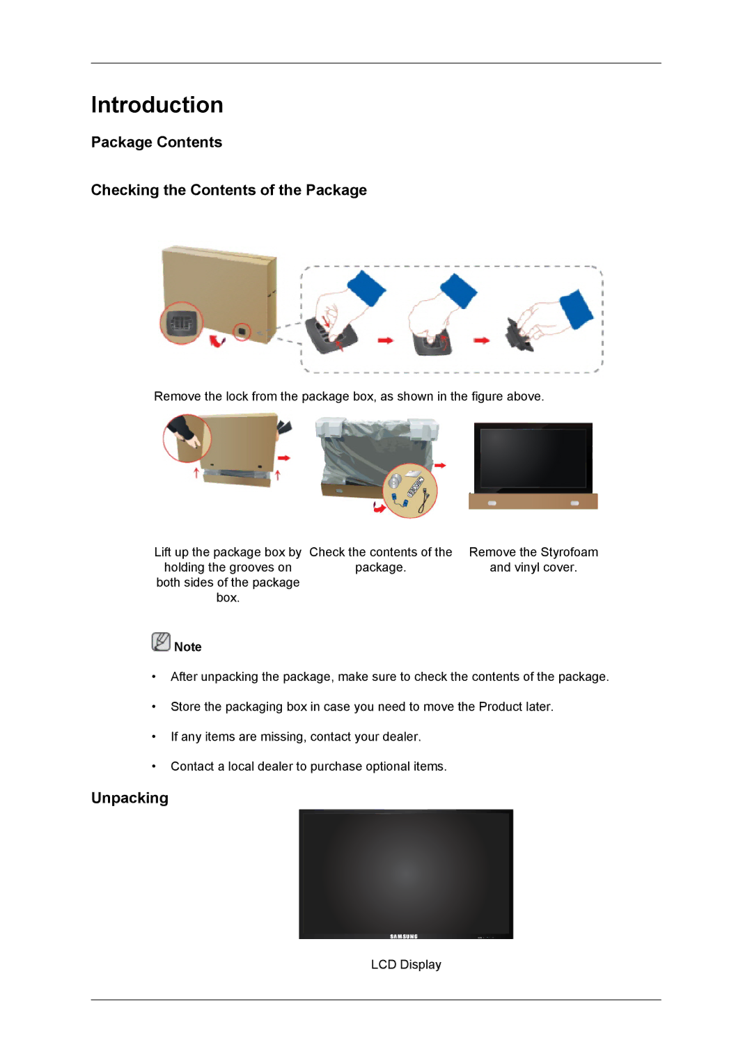 Samsung LH55CSPLBC/EN, LH55CSPLBC/XJ, LH55CSPLBC/XY manual Package Contents Checking the Contents of the Package, Unpacking 