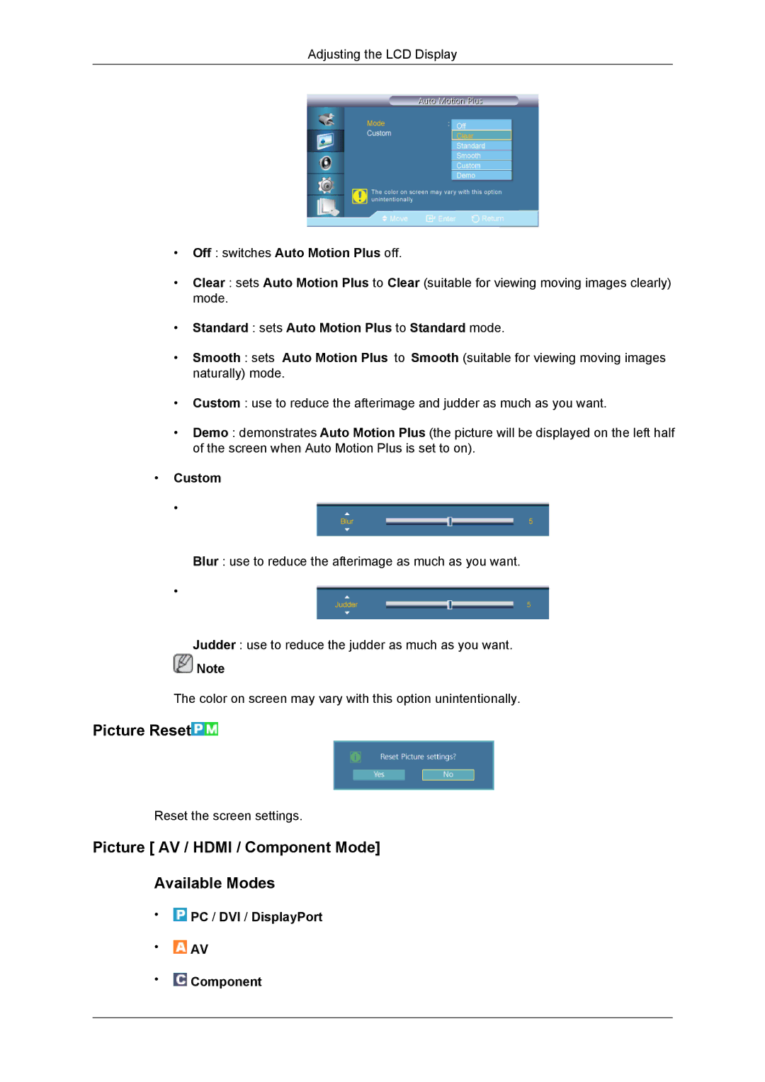 Samsung LH55CSPLBC/XJ Picture Reset, Picture AV / Hdmi / Component Mode Available Modes, Off switches Auto Motion Plus off 