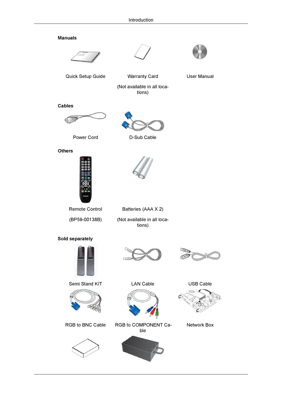 Samsung LH55CSPLBC/XJ, LH55CSPLBC/EN, LH55CSPLBC/XY, LH55CSPLBC/NG, LH55CSPLBC/HD Manuals, Cables, Others, Sold separately 