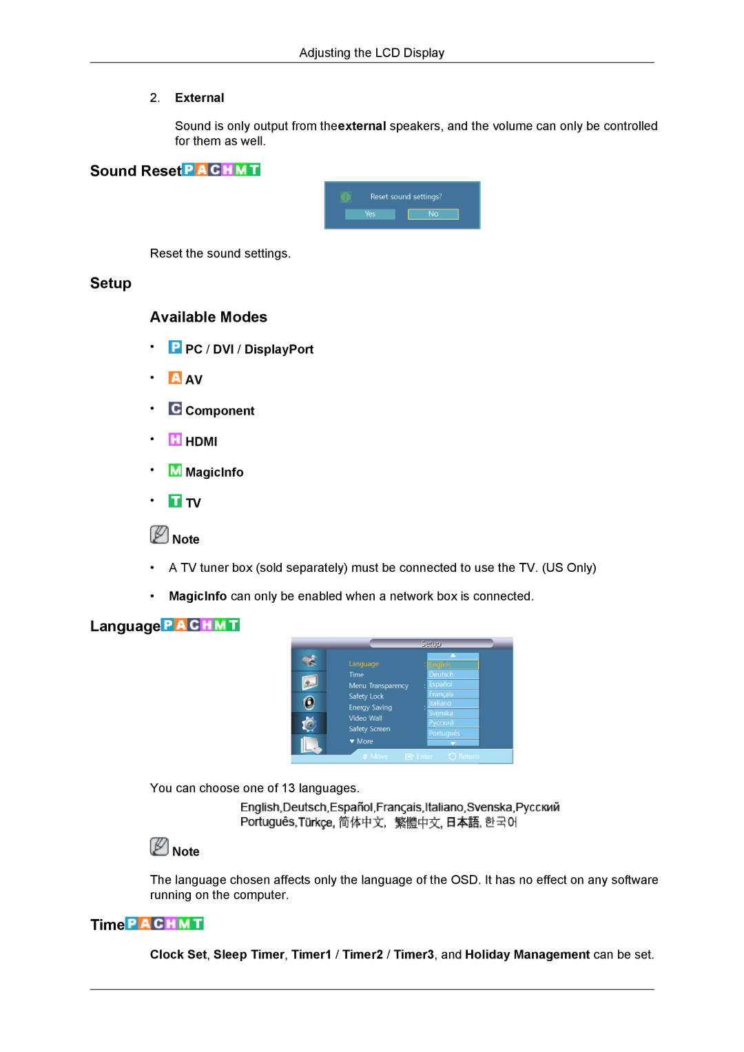 Samsung LH55CSPLBC/XJ, LH55CSPLBC/EN, LH55CSPLBC/XY manual Sound Reset, Setup Available Modes, Language, Time, External 