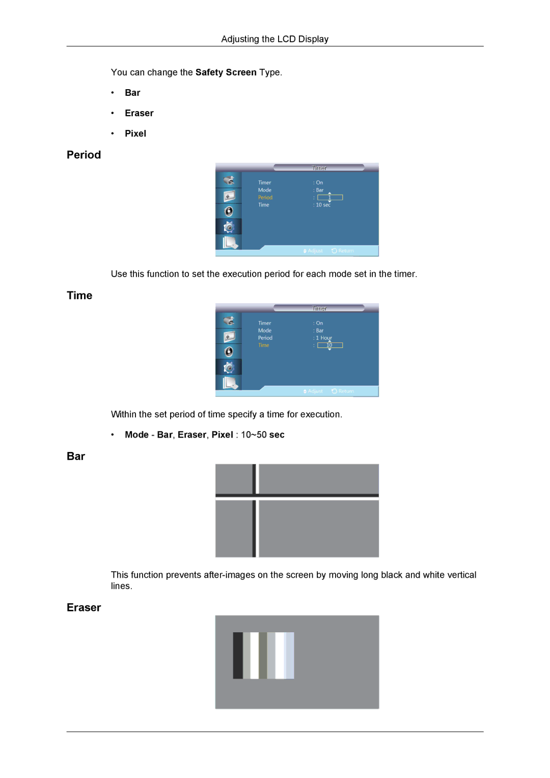 Samsung LH55CSPLBC/HD, LH55CSPLBC/EN, LH55CSPLBC/XJ Period, Bar Eraser Pixel, Mode Bar, Eraser, Pixel 10~50 sec 