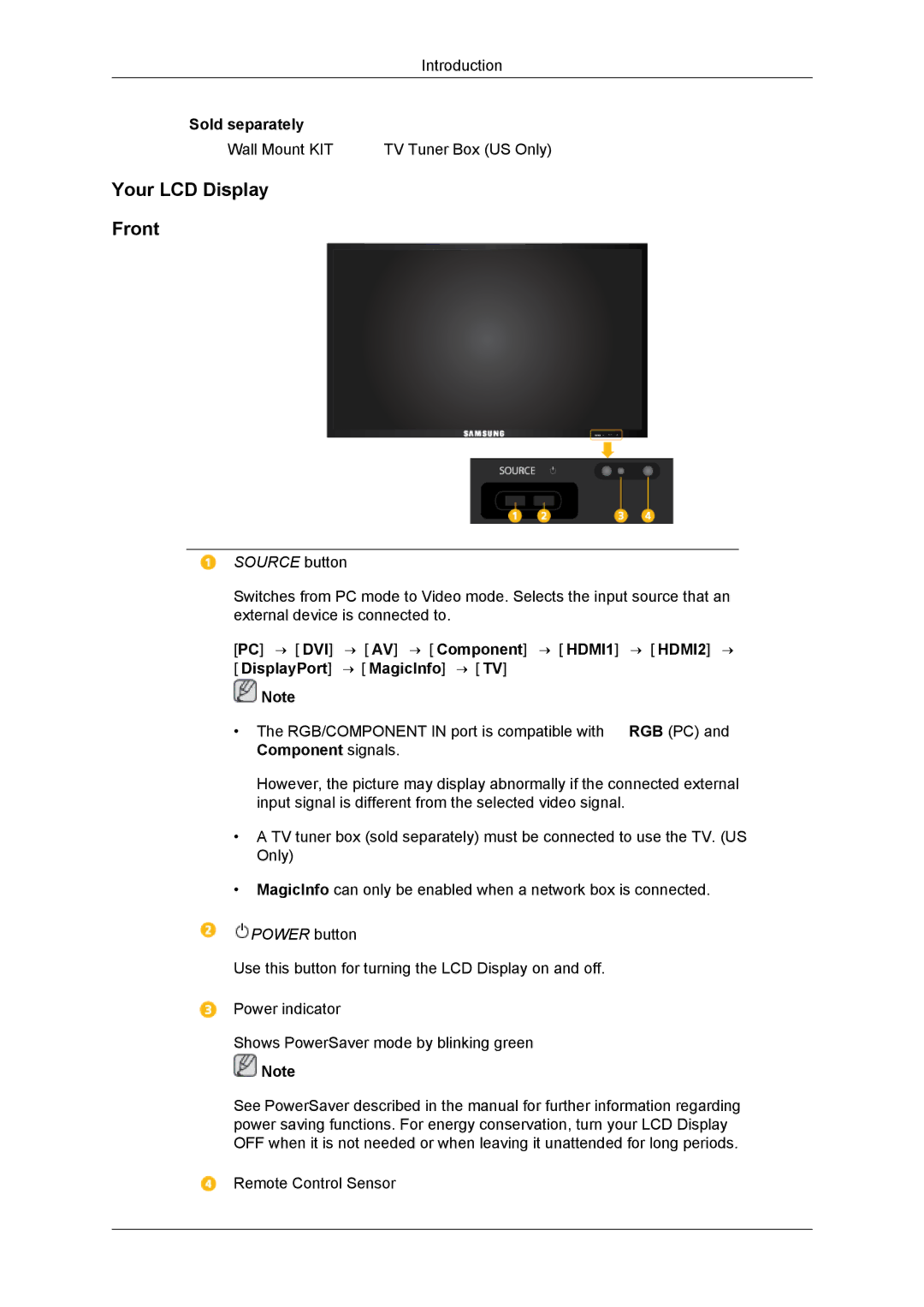 Samsung LH55CSPLBC/XY, LH55CSPLBC/EN, LH55CSPLBC/XJ, LH55CSPLBC/NG, LH55CSPLBC/HD manual Your LCD Display Front, Source button 