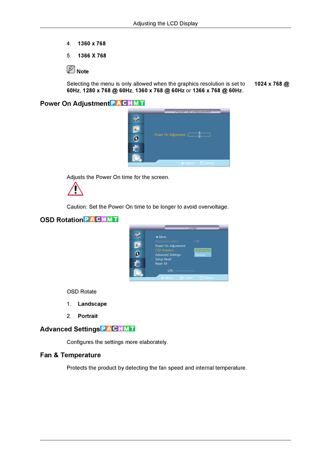 Samsung LH55CSPLBC/XJ, LH55CSPLBC/EN, LH55CSPLBC/XY Power On Adjustment, OSD Rotation, Advanced Settings, Fan & Temperature 