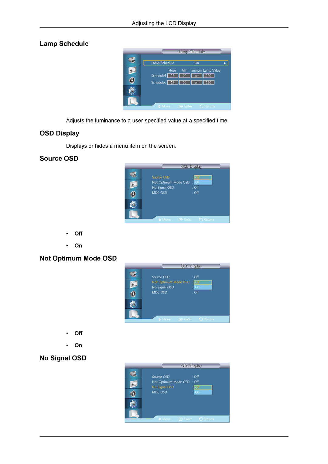 Samsung LH55CSPLBC/EN, LH55CSPLBC/XJ manual Lamp Schedule, OSD Display, Source OSD, Not Optimum Mode OSD, No Signal OSD 