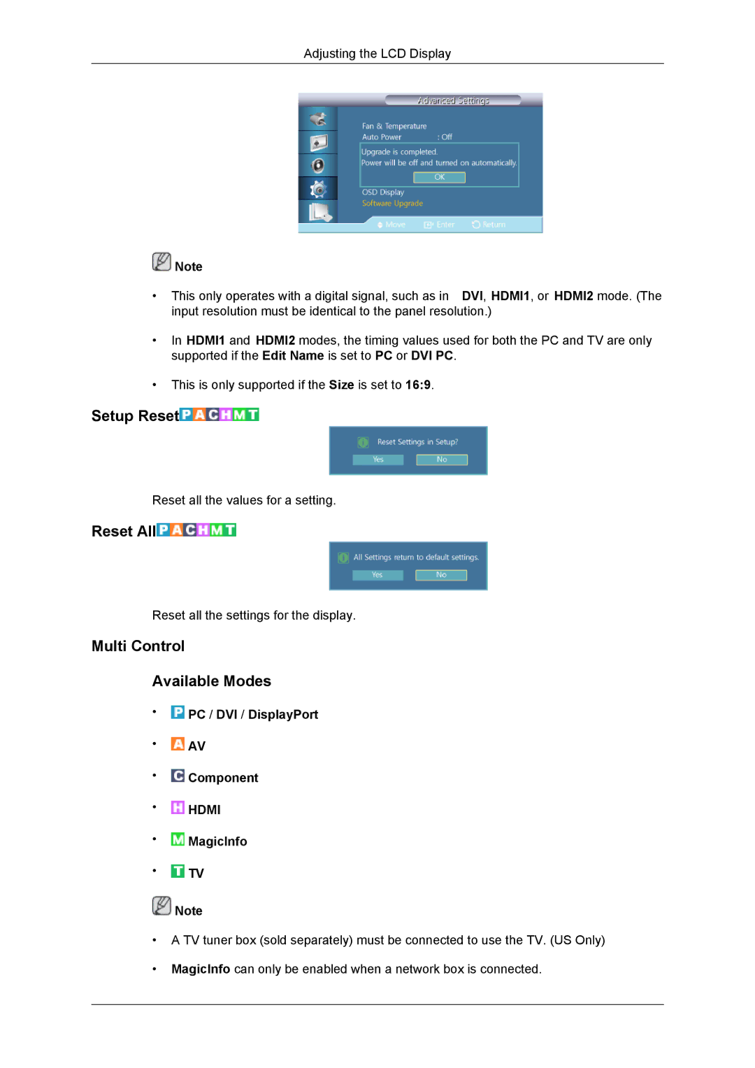 Samsung LH55CSPLBC/XY, LH55CSPLBC/EN, LH55CSPLBC/XJ, LH55CSPLBC/NG Setup Reset, Reset All, Multi Control Available Modes 