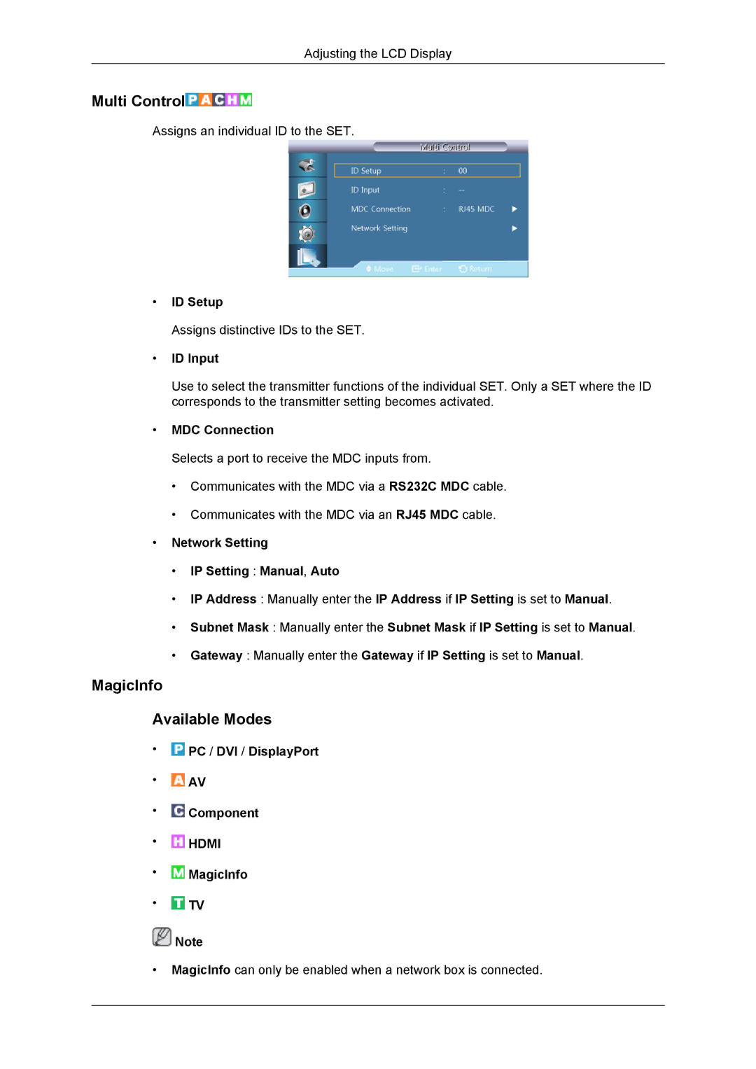 Samsung LH55CSPLBC/NG, LH55CSPLBC/EN manual Multi Control, MagicInfo Available Modes, ID Setup, ID Input, MDC Connection 