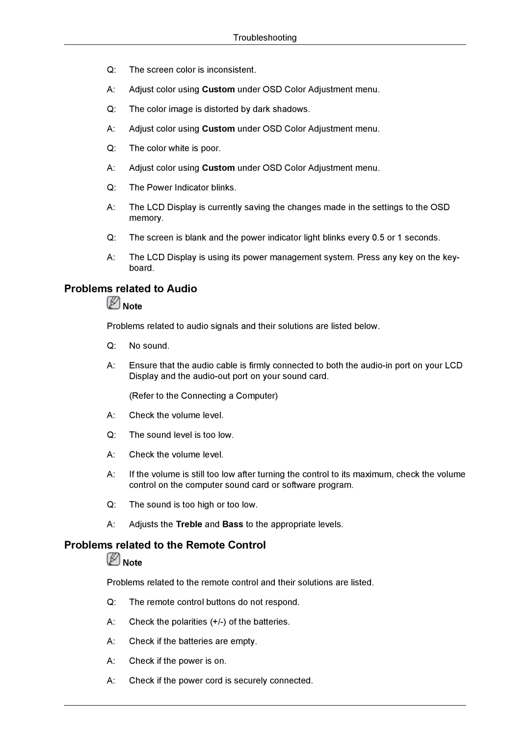 Samsung LH55CSPLBC/XJ, LH55CSPLBC/EN, LH55CSPLBC/XY manual Problems related to Audio, Problems related to the Remote Control 