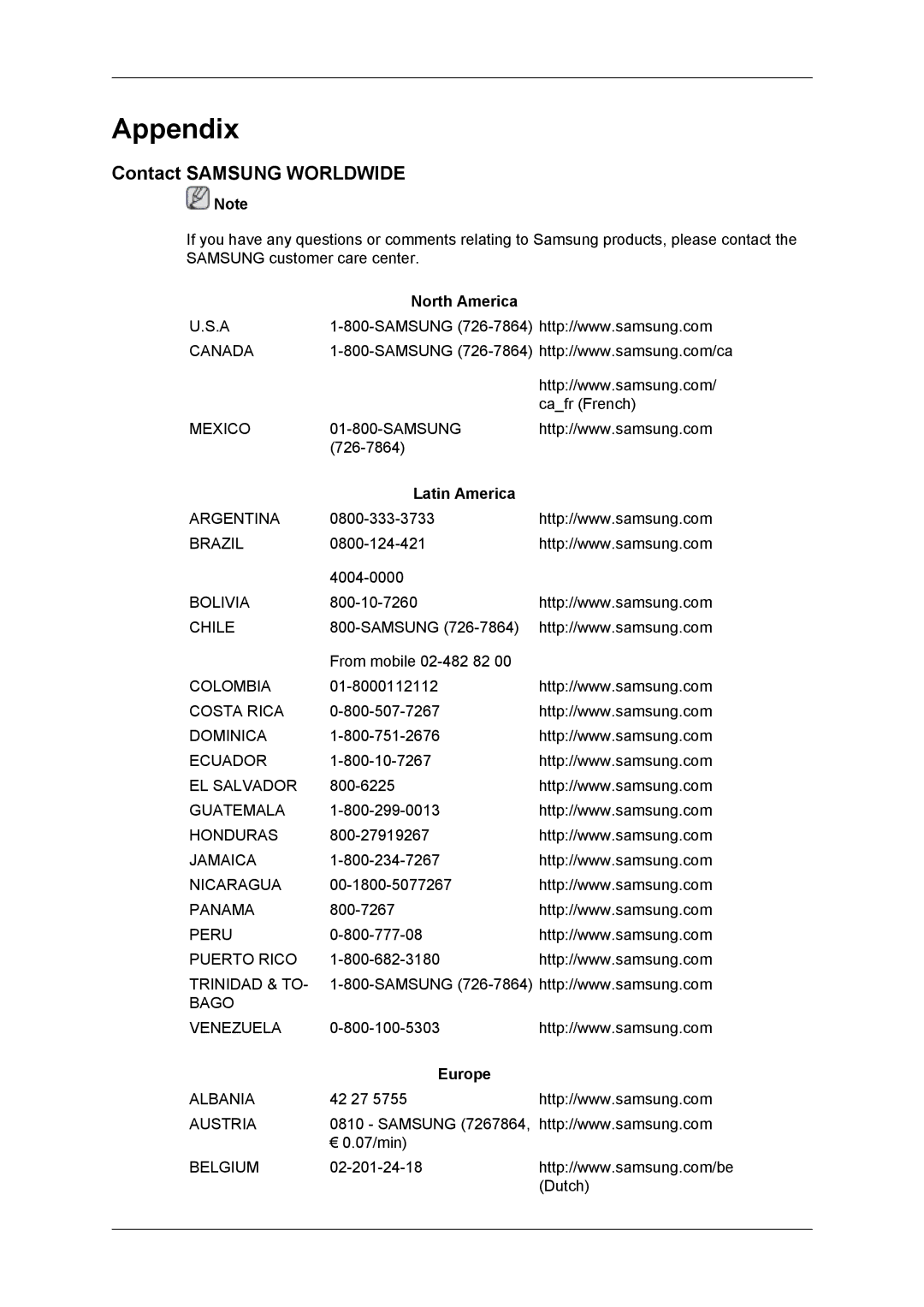 Samsung LH55CSPLBC/XJ, LH55CSPLBC/EN, LH55CSPLBC/XY manual Contact Samsung Worldwide, North America, Latin America, Europe 